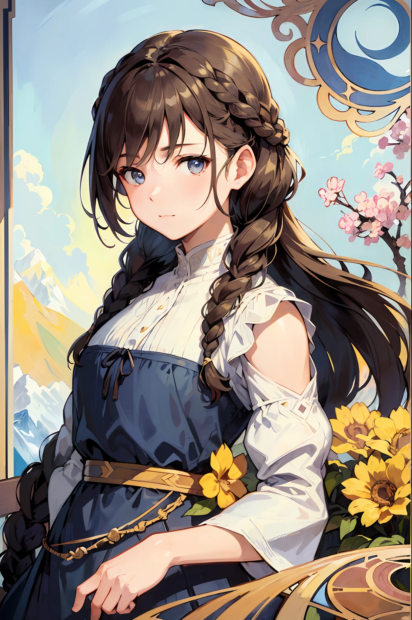 Portrait of the face of an Alpine woman、Braided hairstyle、Brown hair、Wind Frame、Decorative panel、abstract art、By Alphonse Mucha (masterpiece、top-quality、hight resolution: 1.4)、detaileds、intricate-detail、4K、color splashes、line-drawing、Fibonacci、