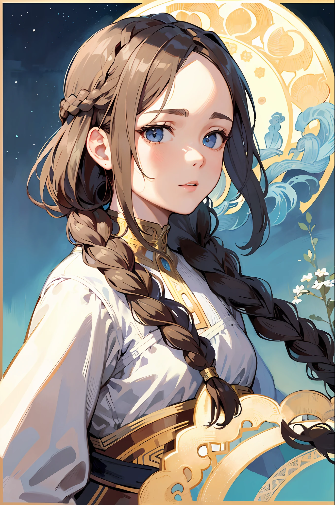 Portrait of the face of an Alpine woman、Braided hairstyle、Brown hair、Wind Frame、Decorative panel、abstract art、By Alphonse Mucha (masterpiece、top-quality、hight resolution: 1.4)、detaileds、intricate-detail、4K、color splashes、line-drawing、Fibonacci、