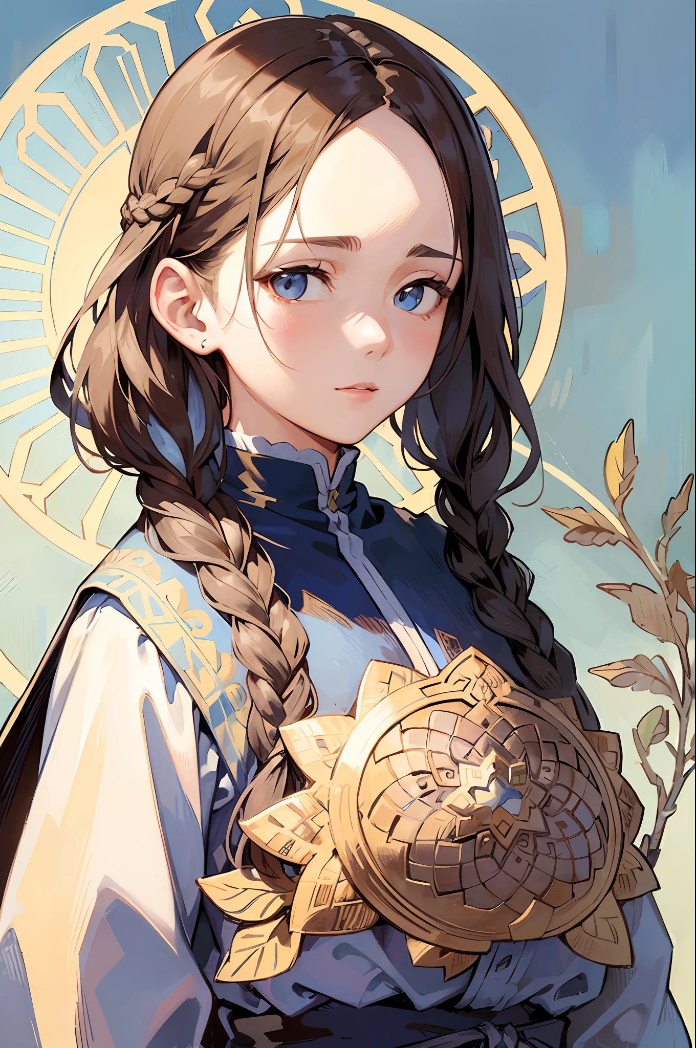 Portrait of the face of an Alpine woman、Braided hairstyle、Brown hair、Wind Frame、Decorative panel、abstract  art、By Alphonse Mucha (​masterpiece、top-quality、hight resolution: 1.4)、detaileds、intricate-detail、4K、color splashes、line-drawing、Fibonacci、