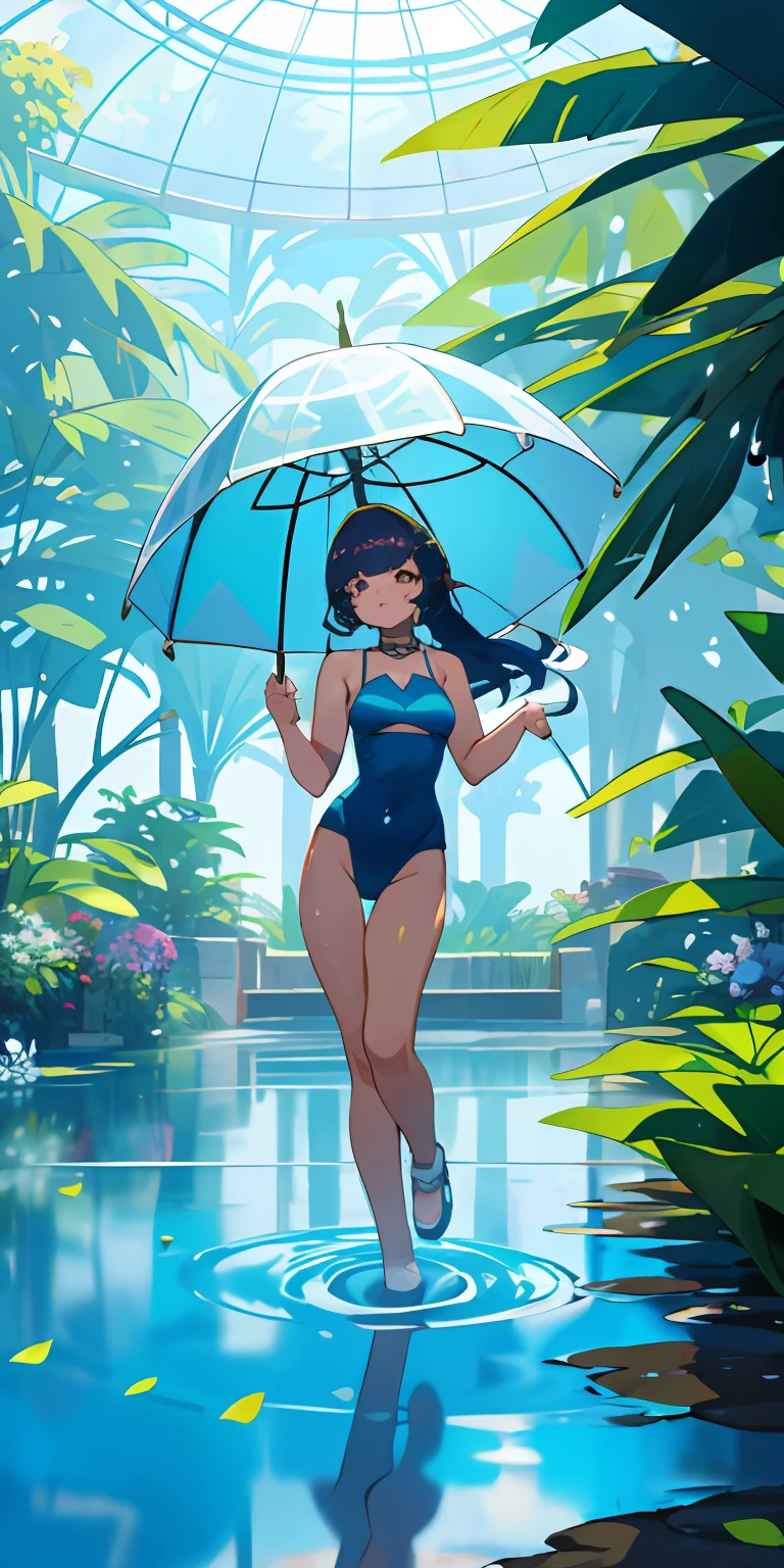 (qualidade superior, obra-prima, ultrarrealista | | |), 1garota, Lycra swimsuit in white color, rosto belo detalhado, foco na garota, dia chuvoso, Chuva, wet floor, puddle, Indoor Botanical Garden, Dome, muitas flores, plantas de massa densa, the background landscape is a garden with petals and puffs flying around. --v6