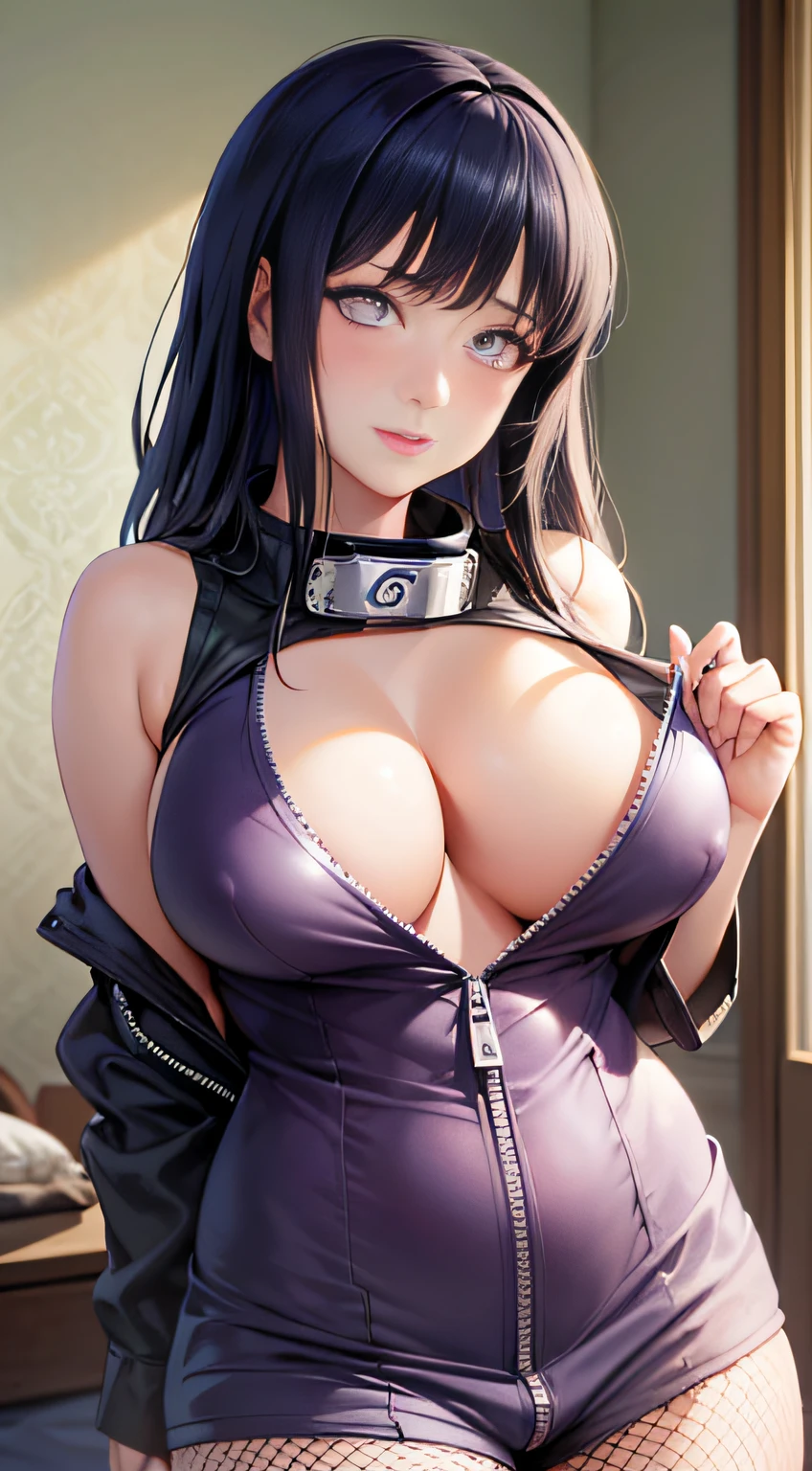 Masterpiece, highres, high Quality, detailed face, detailed body render, 1girl, solo, hyuuga hinata, hinata-sleeveless-outfit, large breasts, big breast, sleeveless shirt, fishnet top, dark lips, unzipped jacket, no bra, breasts out, nipple, standing, blushes, (on bedroom)