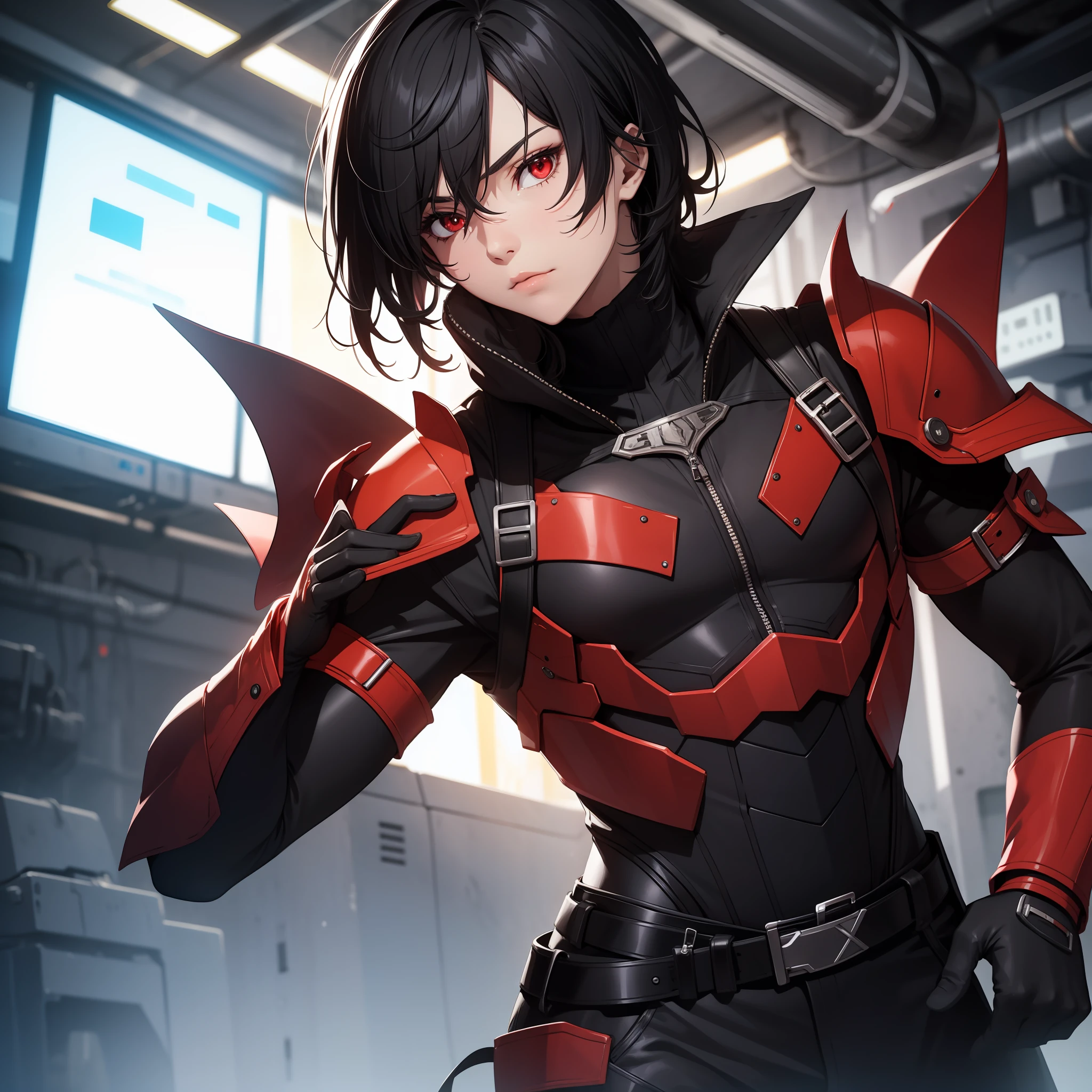 Solo male, black hair, red eyes, black armor, black gloves, science fiction, slim