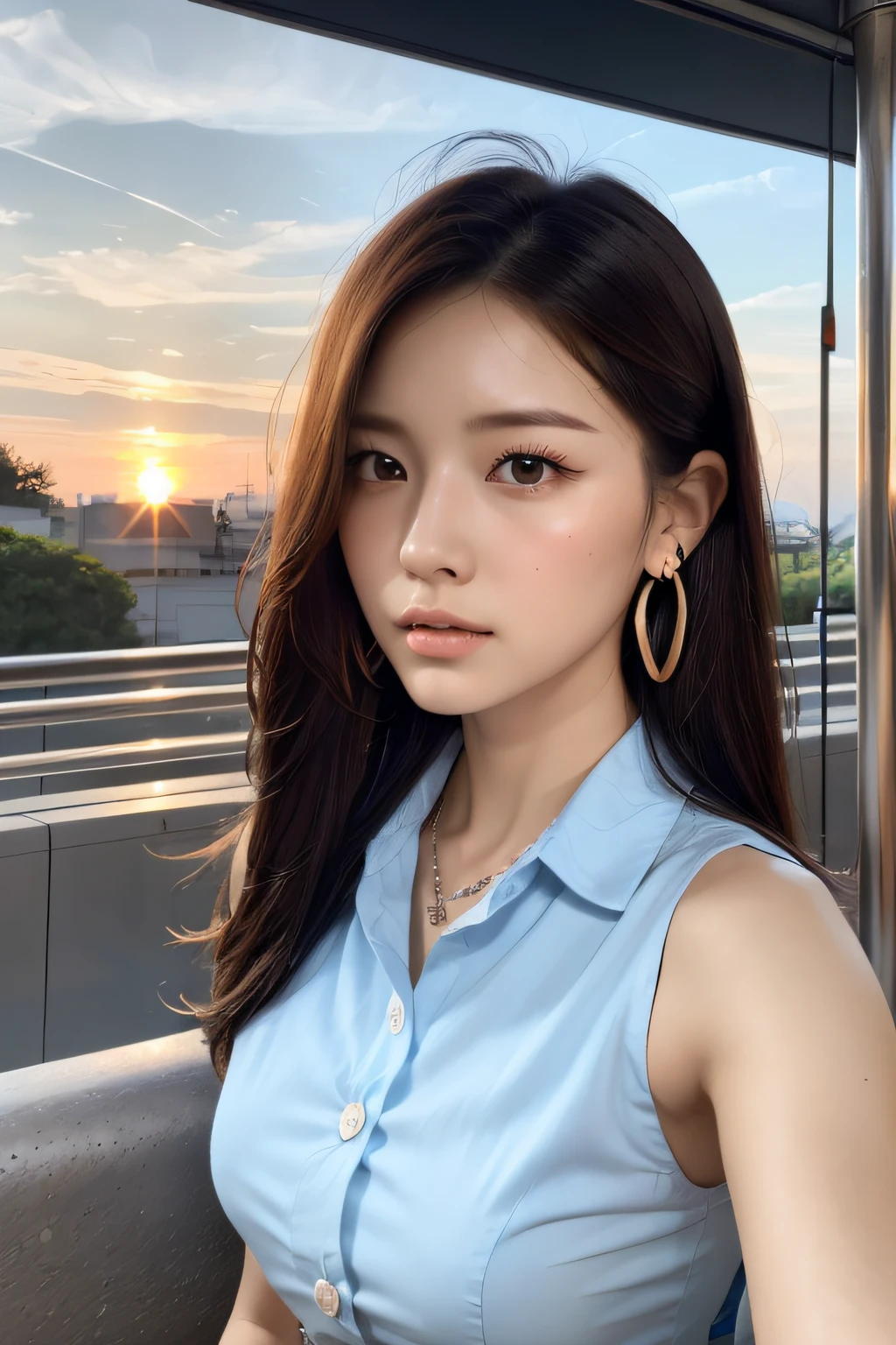 (masterpiece:1.3), high resolution, ultra detailed, extremely detailed CG unity 8k wallpaper, realistic, photo-realistic, RAW photo, beautiful detailed face, pale skin, realistic glistening skin, detailed cloth texture, detailed hair texture, Perfect Style, Beautiful Face, accurate, Anatomically correct, Highly detailed face and skin texture, natural neck length
BREAK
Detailed eyes, symmetric eyes, Brown eyes, Double eyelids, Thin eyebrows, (Sexy Lips:1.3),
BREAK,
((Innocent and Cute girl:1.3)), ((wearing a sleeveless Light-blue Button shirt dress :1.4)), (beautiful clavicle), (cross strap shoes), shiny small (necklace, bracelet), ((large hoop earrings:1.2)), (ring belt:1.2), (hobo bag over shoulder:1.3), Layered Hairstyle, Dark-brown hair, wavy hair, medium long hair, (slightly Worried face:1.2), medium large breasts, (firm breast), nicely shaped breasts,
BREAK,
(Sitting together side by side:1.2), (with Softly grasping hand:1.2), (from side:1.2), (Peering up at face from side:1.2), (in the bus stop of Japan style:1.2),
BREAK,
((Cowboy shot:1.3)), (background of beautiful sunset shines:1.4)