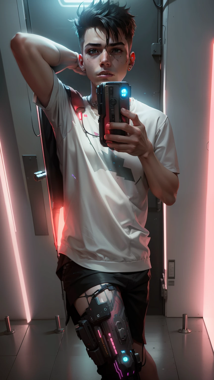 A adult boy,Cyberpunk, realistic, lights, 8k,