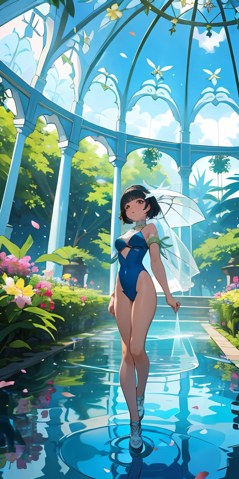 (qualidade superior, obra-prima, ultrarrealista | |), 1garota, Lycra swimsuit in white color, rosto belo detalhado, dia chuvoso, Chuva, wet floor, puddle, Indoor Botanical Garden, Dome, muitas flores, plantas de massa densa, the background landscape is a garden with petals and puffs flying around. --v6
