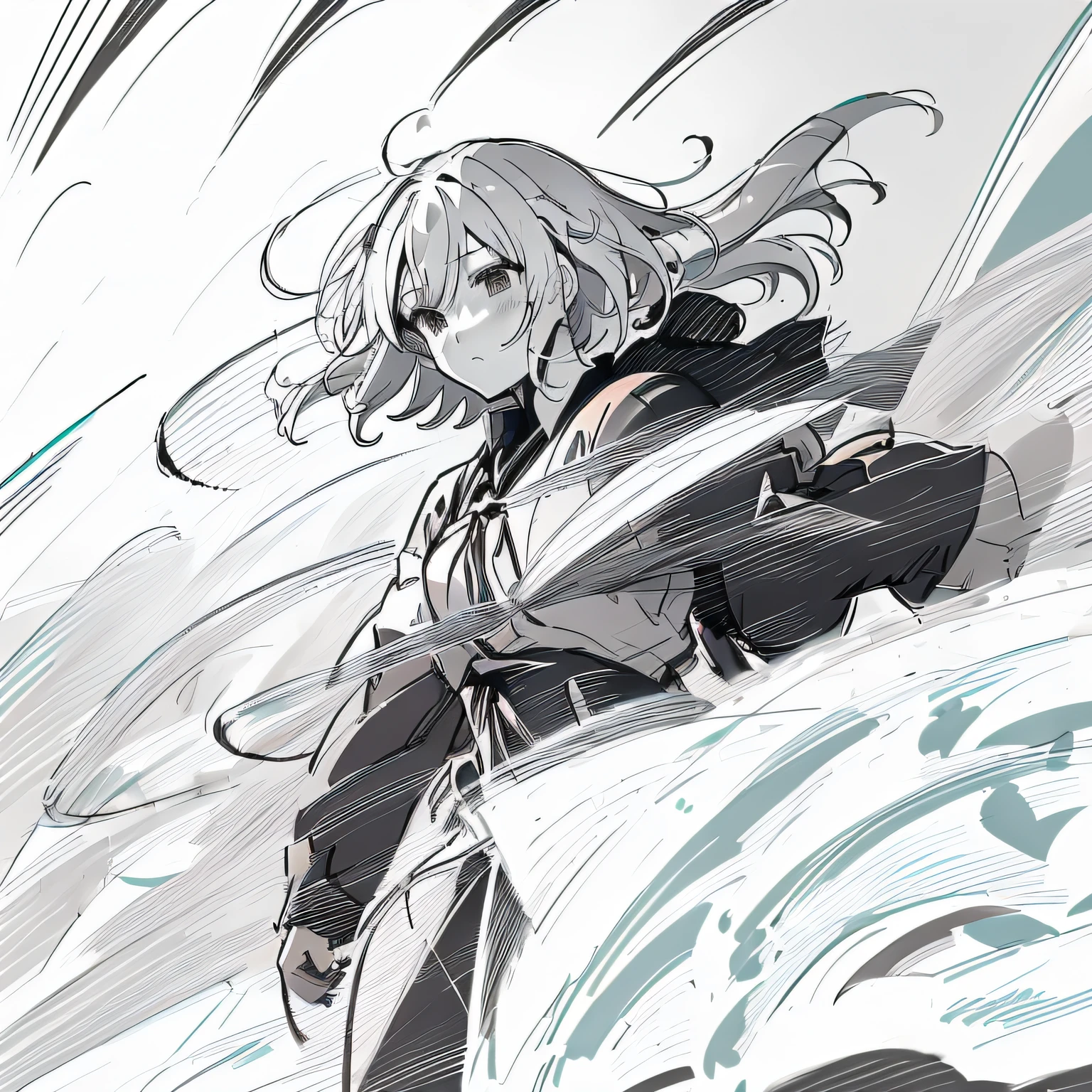 anime girl (action pose), (splah art), ((hair blowed by wind)), (cinematic action), (((linear art only))), (((sketch only))), (((no color))), (((linear art style))), (((sketch style)))