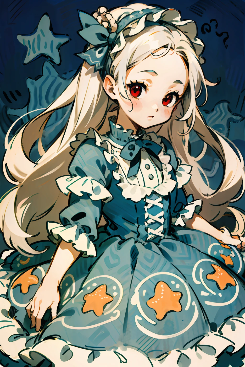 1girl, loli, red eyes, white colored hair, forehead, (straight hair), Long hair, headband, pearls, light blue dress, ((Lolita Dress)), ((sea pattern)), ribbons, Bows, frill, Starfish, shells, ((thick outlines)), ((white outlines)), (Sketch)