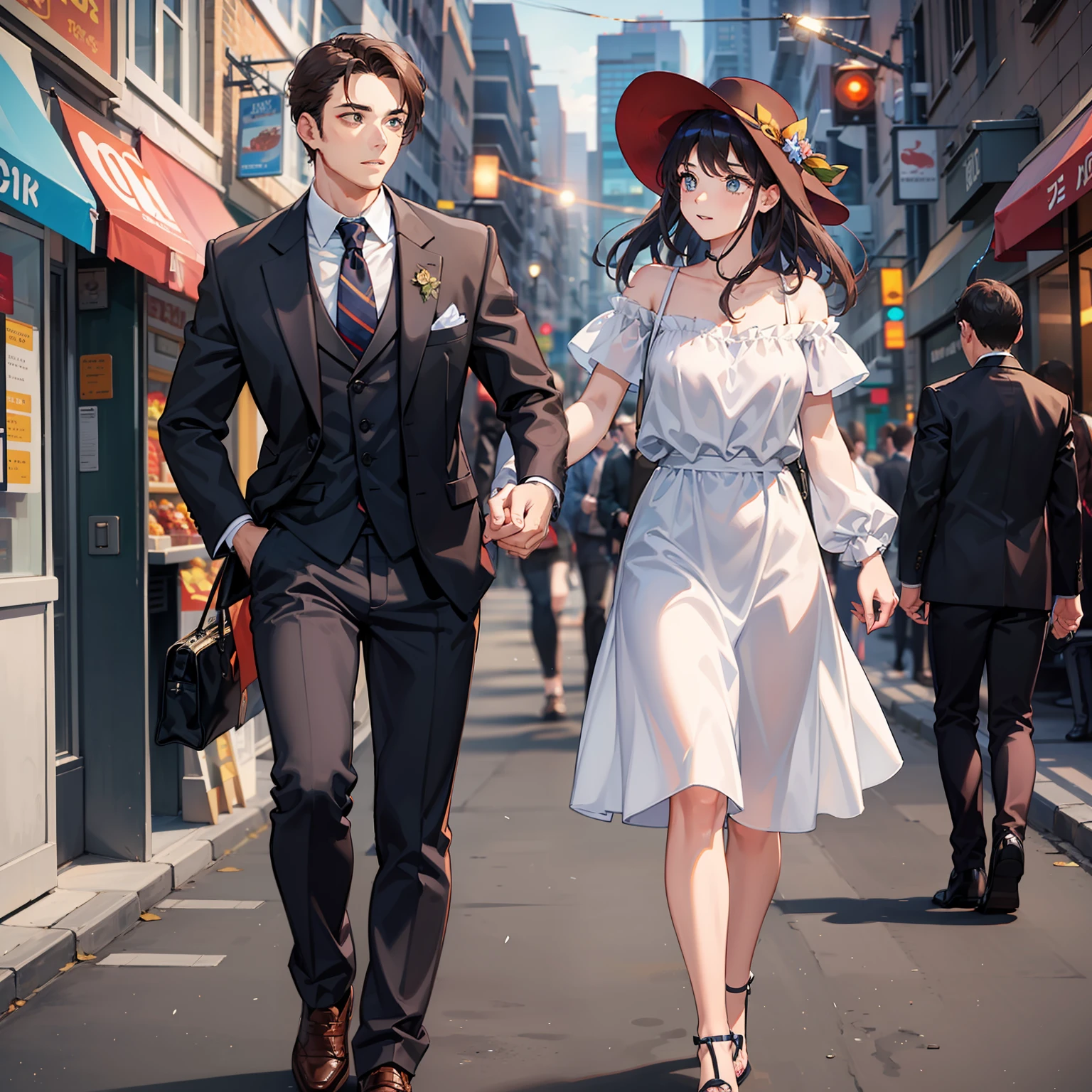 Men and women run hand in hand