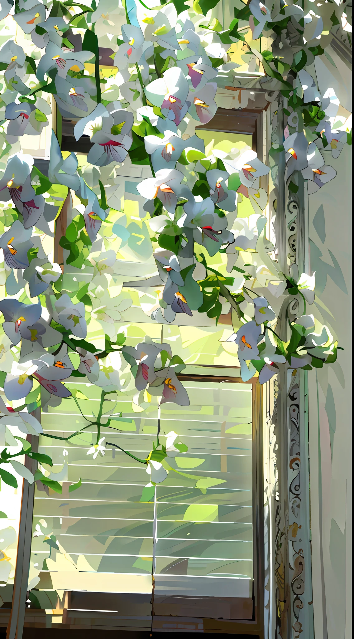 A white flower hangs from the window of the house, white blossoms, huge flower, White flowers, white orchid, flowers blooming, flowering vines, unusual composition, nature and floral aesthetics, blossoming, Beautiful window photos, Beautiful composition, large opaque blossoms, Blooming flowers, Overgrown with orchids, blossoms, beautifully bright white, beautiful aesthetic