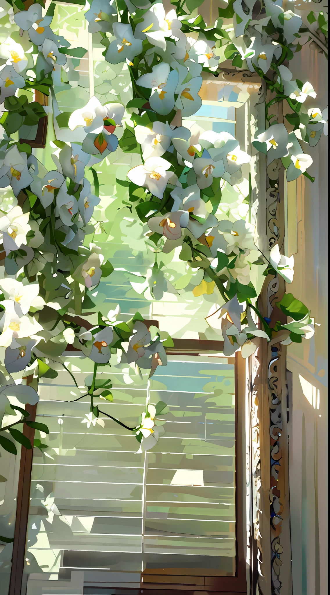 A white flower hangs from the window of the house, white blossoms, huge flower, White flowers, white orchid, flowers blooming, flowering vines, unusual composition, nature and floral aesthetics, blossoming, Beautiful window photos, Beautiful composition, large opaque blossoms, Blooming flowers, Overgrown with orchids, blossoms, beautifully bright white, beautiful aesthetic