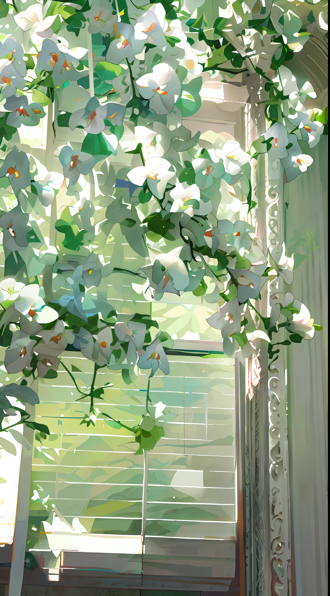 A white flower hangs from the window of the house, white blossoms, huge flower, White flowers, white orchid, flowers blooming, flowering vines, unusual composition, nature and floral aesthetics, blossoming, Beautiful window photos, Beautiful composition, large opaque blossoms, Blooming flowers, Overgrown with orchids, blossoms, beautifully bright white, beautiful aesthetic