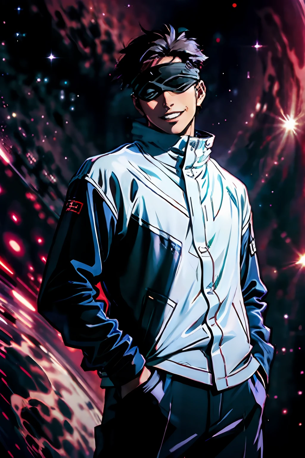 (masterpiece, best quality:1.2), cowboy shot, solo, male focus, 1boy, gojo satoru, smile, hands in pockets, blindfold, black jacket, cosmic background