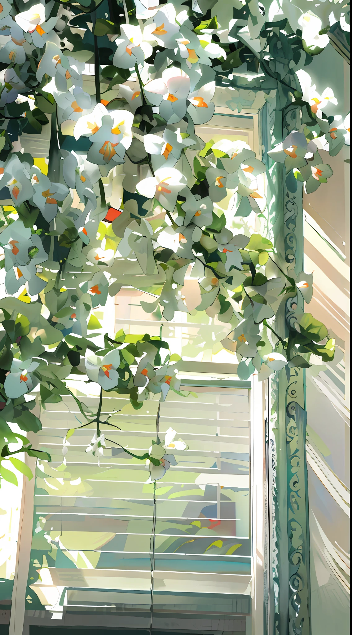 A white flower hangs from the window of the house, white blossoms, huge flower, White flowers, white orchid, flowers blooming, flowering vines, unusual composition, nature and floral aesthetics, blossoming, Beautiful window photos, Beautiful composition, large opaque blossoms, Blooming flowers, Overgrown with orchids, blossoms, beautifully bright white, beautiful aesthetic