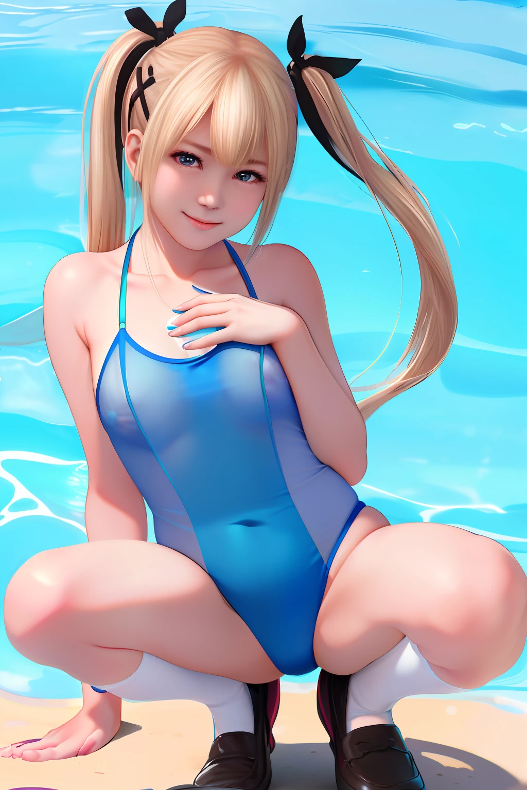 Top image quality、8K picture quality、hightquality、Detailed picture、1girll、独奏、full body Esbian、Marie Rose、Twin-tailed、A smile、Embarrassing、red blush、small plump breasts、small tits、(protrusion at the tip of the chest:1.6)、(Slender body))、(Nipple sheer:1.5)、((Shiny Blue Metallic))、((Sleeveless))、((See-through competition swimwear:1.3))、(highleg:1.3)、(Stick hard into the crotch)、(Hard hollow in the crotch:1.3)、((Squatting on the ground))、(((Open your crotch wide from side to side:1.2)))、(Opening legs:1.2)、(Arms behind your head:1.3)、(Show off your armpits:1.2)、((Black High Socks:1.3))、((Brown loafers:1.3))、(gazing at viewer)、(Facing the viewer)、(Keep your feet open to your audience)、(white thighhig)、in poolside、profetional lighting、Frontal shot