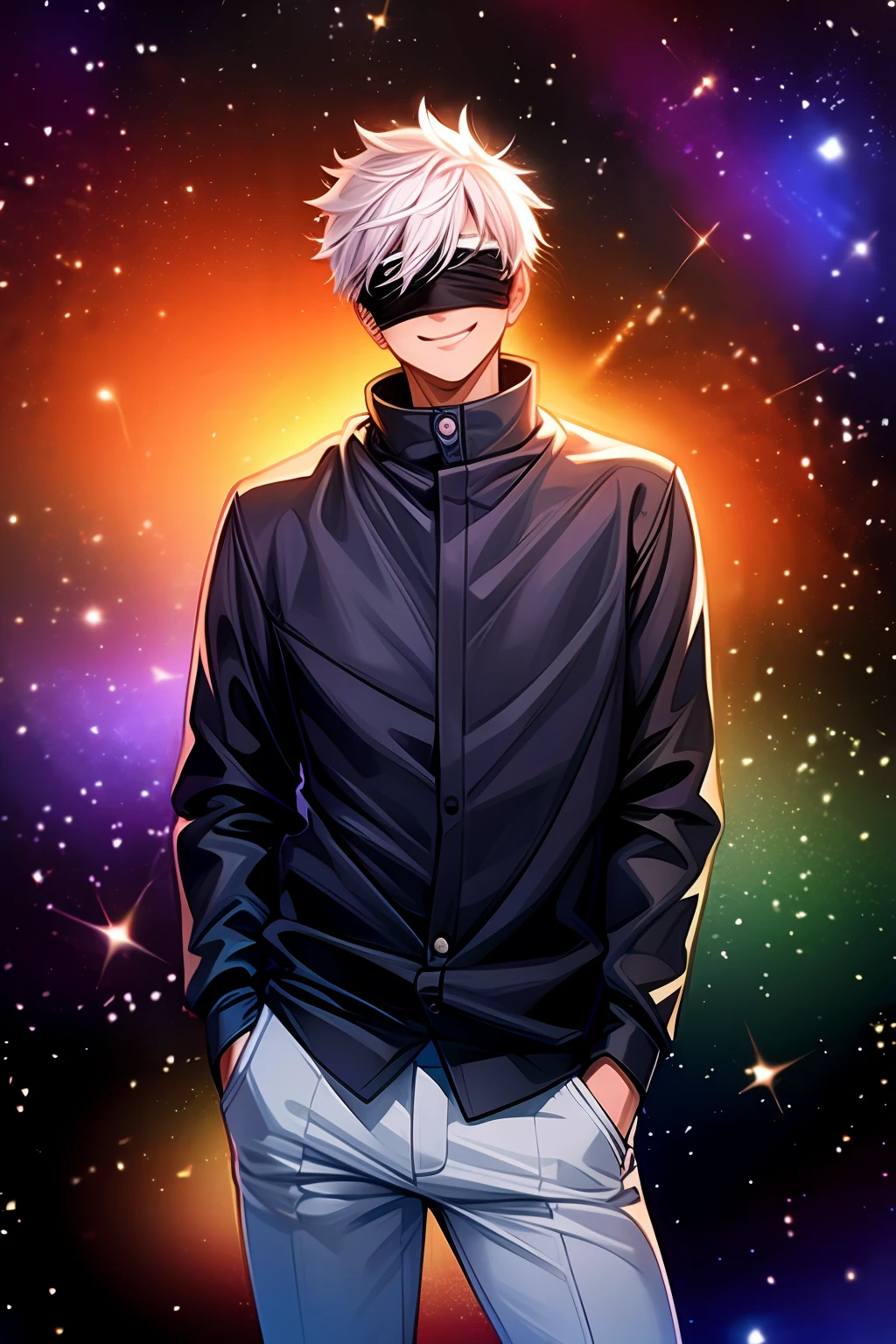 (masterpiece, best quality:1.2), cowboy shot, solo, male focus, 1boy, gojo satoru, smile, hands in pockets, blindfold, black jacket, cosmic background