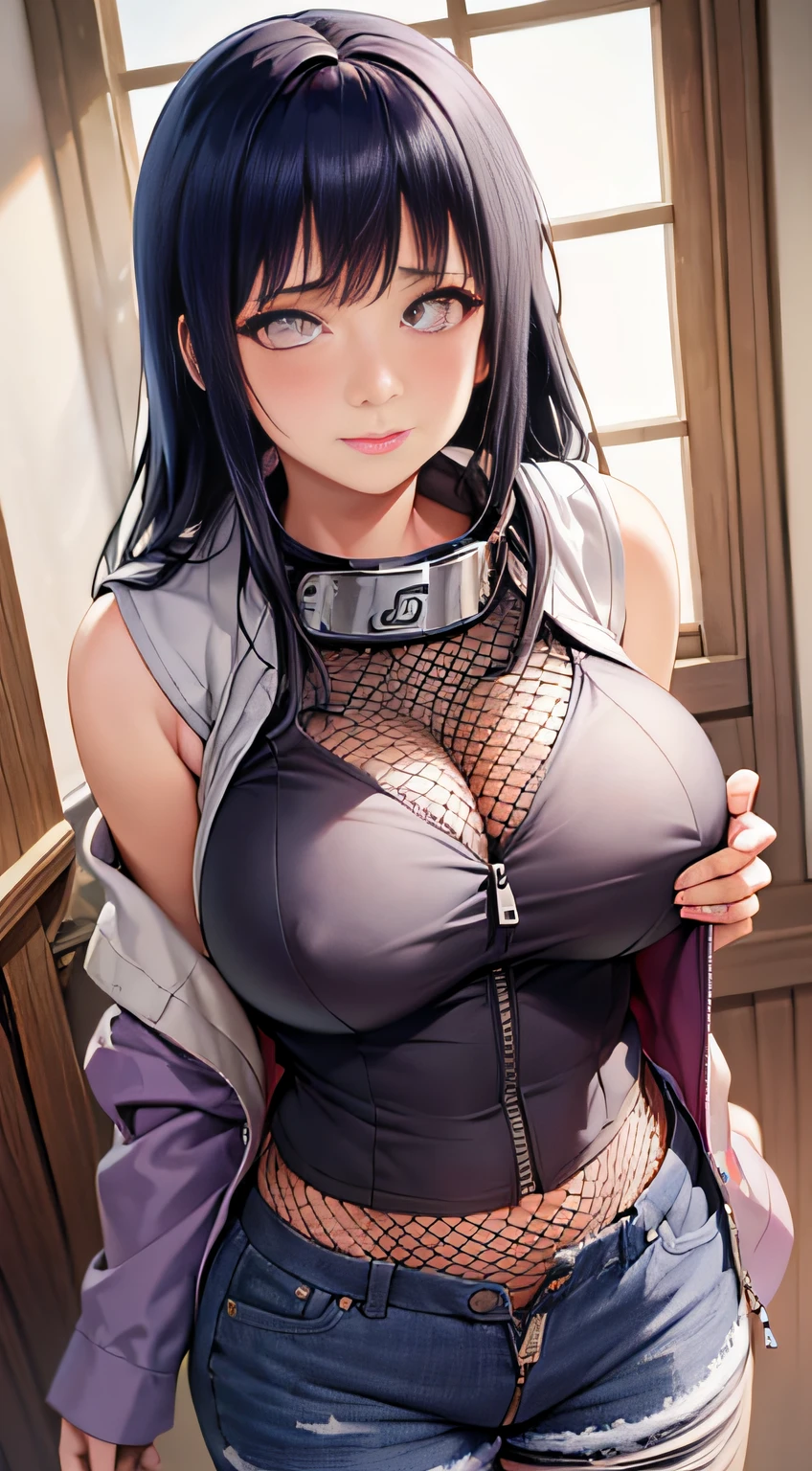 Masterpiece, highres, high Quality, detailed face, detailed body render, 1girl, solo, hyuuga hinata, hinata-sleeveless-outfit, large breasts, big breast, sleeveless shirt, fishnet top, dark lips, unzipped jacket, no bra, breasts out, nipple, standing, blushes, (on bedroom)