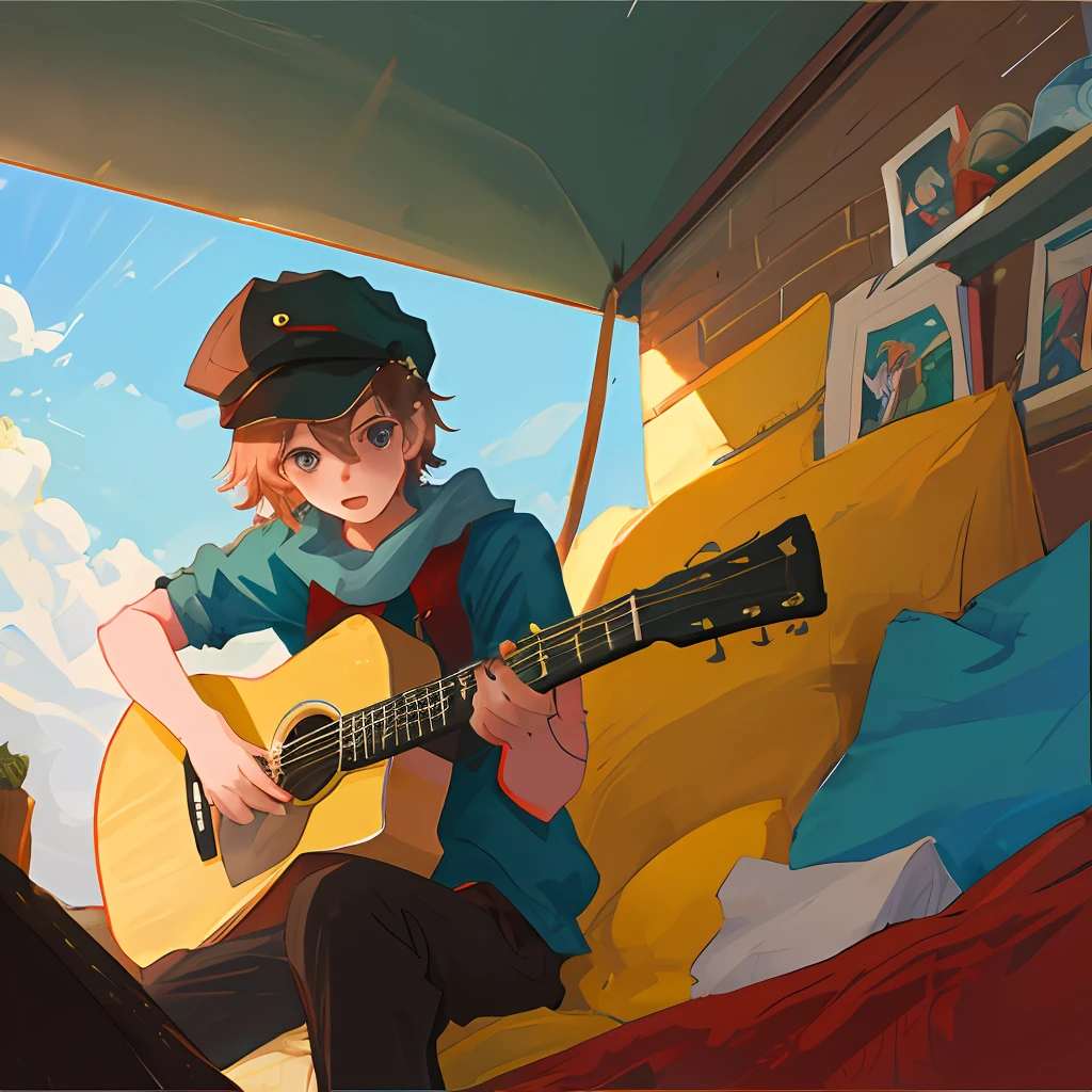 Cartoon Boy，Libido boy，With a hat，Play folk guitar