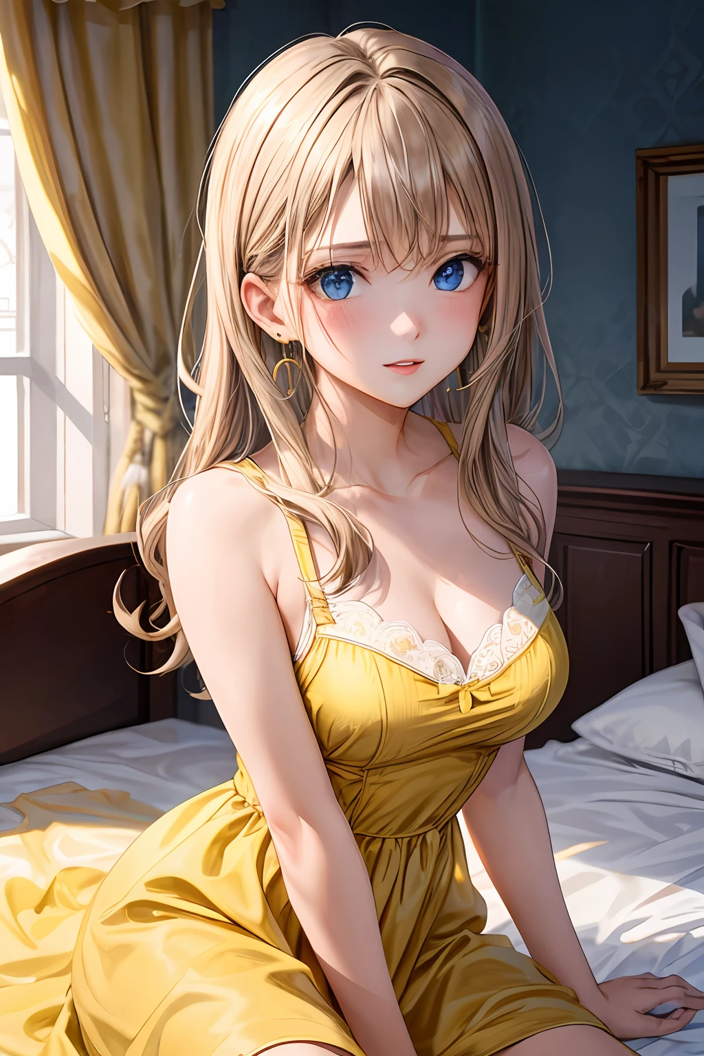 masterpiece, high quality, best quality, beautiful, hd, perfect lighting, detailed face, detailed body, 1 girl, solo, (long beige hair), blue eyes, medium breasts, yellow underwear, ((yellow dress)), blush, sexy pose, sexy face, (royal bedroom in the background), earrings,