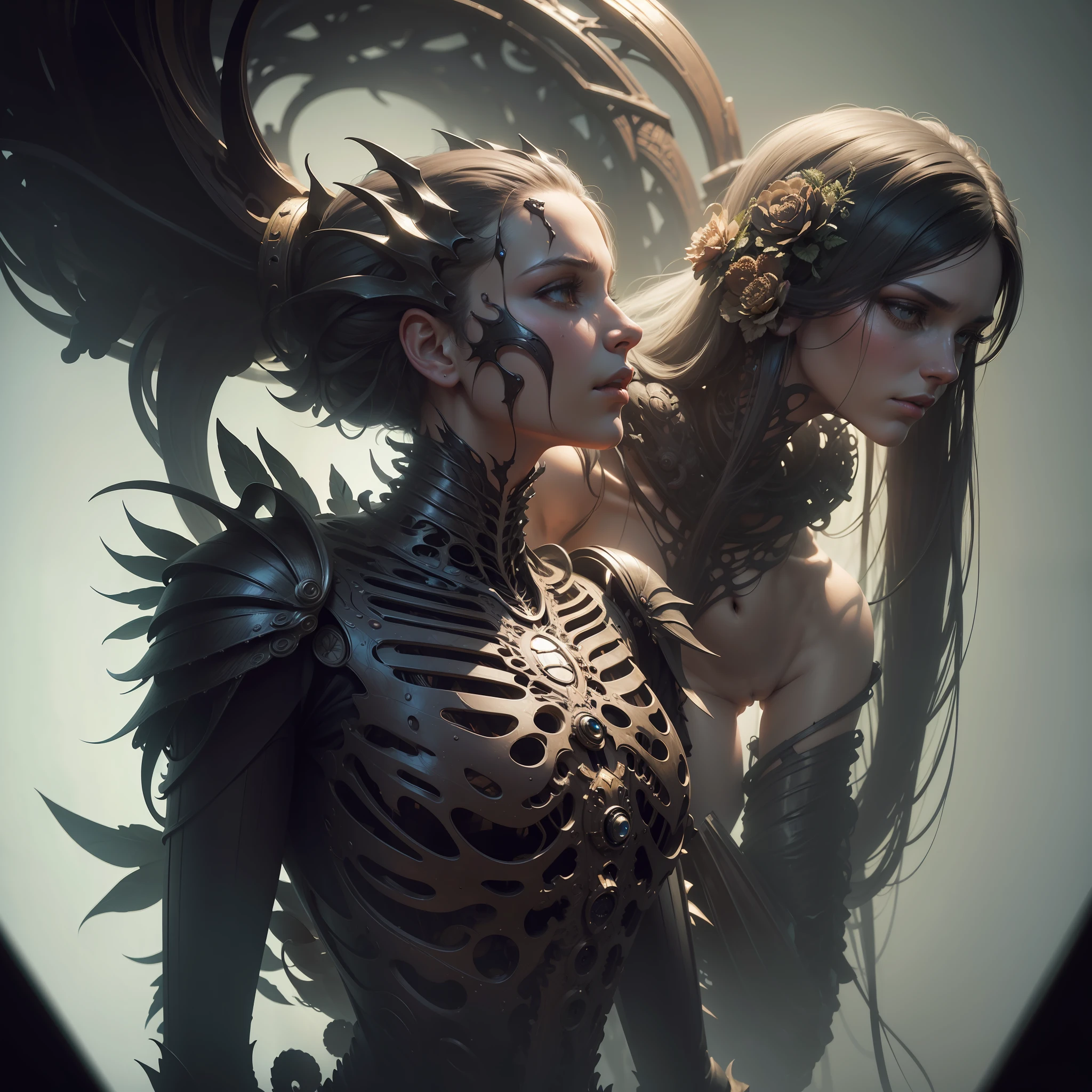 stange creature and the biotic machine flowers and plant cyber  love humain. The detailed and captivating  The artwork, created in impressive detail by Berthold Woltze, is a hauntingly alien layers, alien skin layers, alienpunk, bonepunk, anatomicpunk, dark paranormal, concept art, h.r. giger, jeremy geddes, airbrush, sublime composition, + 36.5 mm f0 cinematic quality , low horizon, layered insanity detailed texture , lithographic style, dim dusk, atmospheric lighting, 32K, , by Jacob Lawrence and Francis picabia, perfect composition, beautiful detailed intricate insanely detailed octane render trending on artstation, 8 k artistic photography, photorealistic concept art, soft natural volumetric cinematic perfect light, chiaroscuro, award - winning photograph, masterpiece, oil on canvas, raphael, caravaggio, greg rutkowski, beeple, beksinski, giger