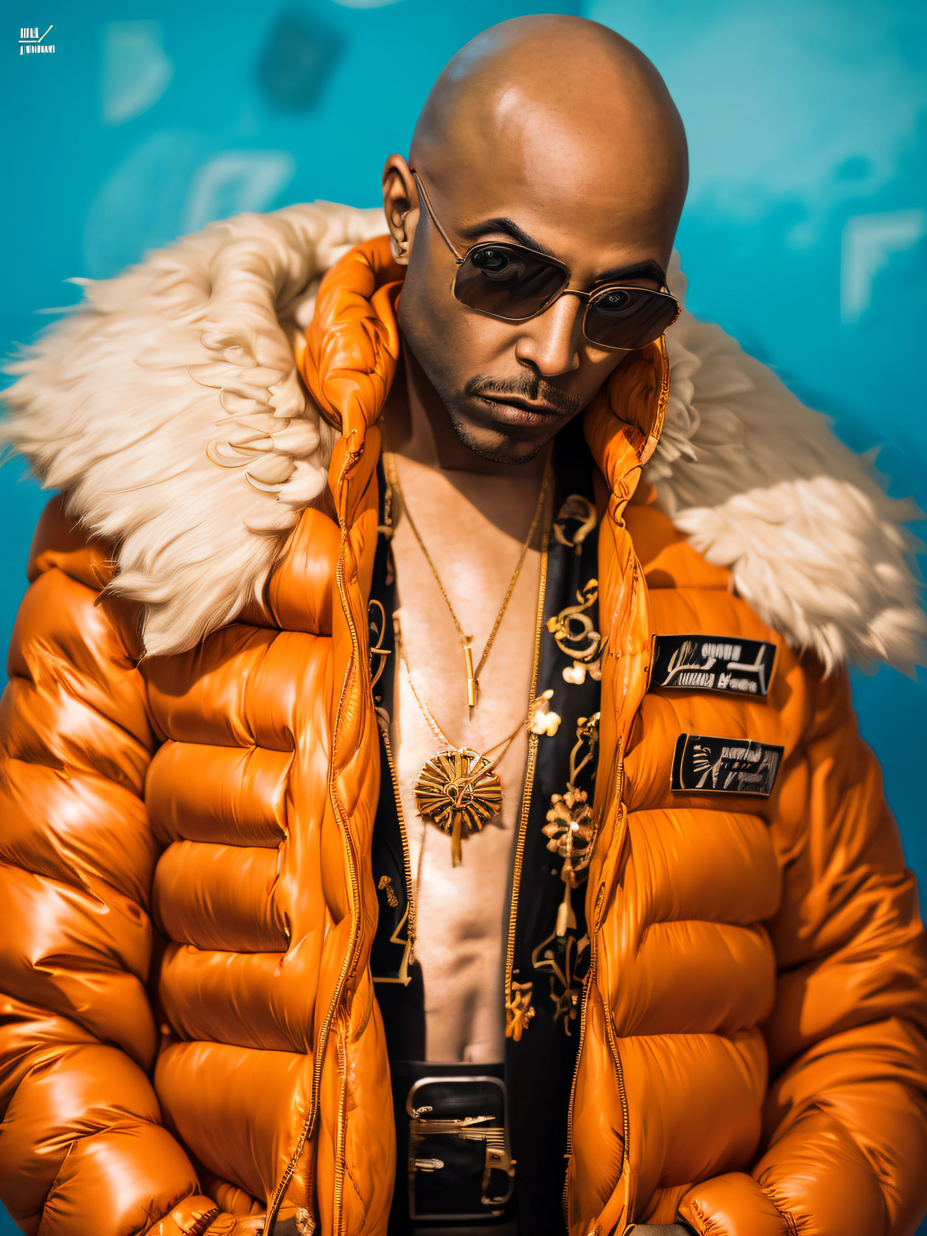 1rapper with Bald hair, Unique mink Fur Jacket (Virgal Abloh) (H R Gigger), fog, detailed and realistic image, amazing composition with vintage scenery with abstract shapes, abstract minimalist background with tentacles, melt, drip, yoshitomo nara:1.5, wes anderson:1.3, new casualism, retro, minimalism,BiopunkAI