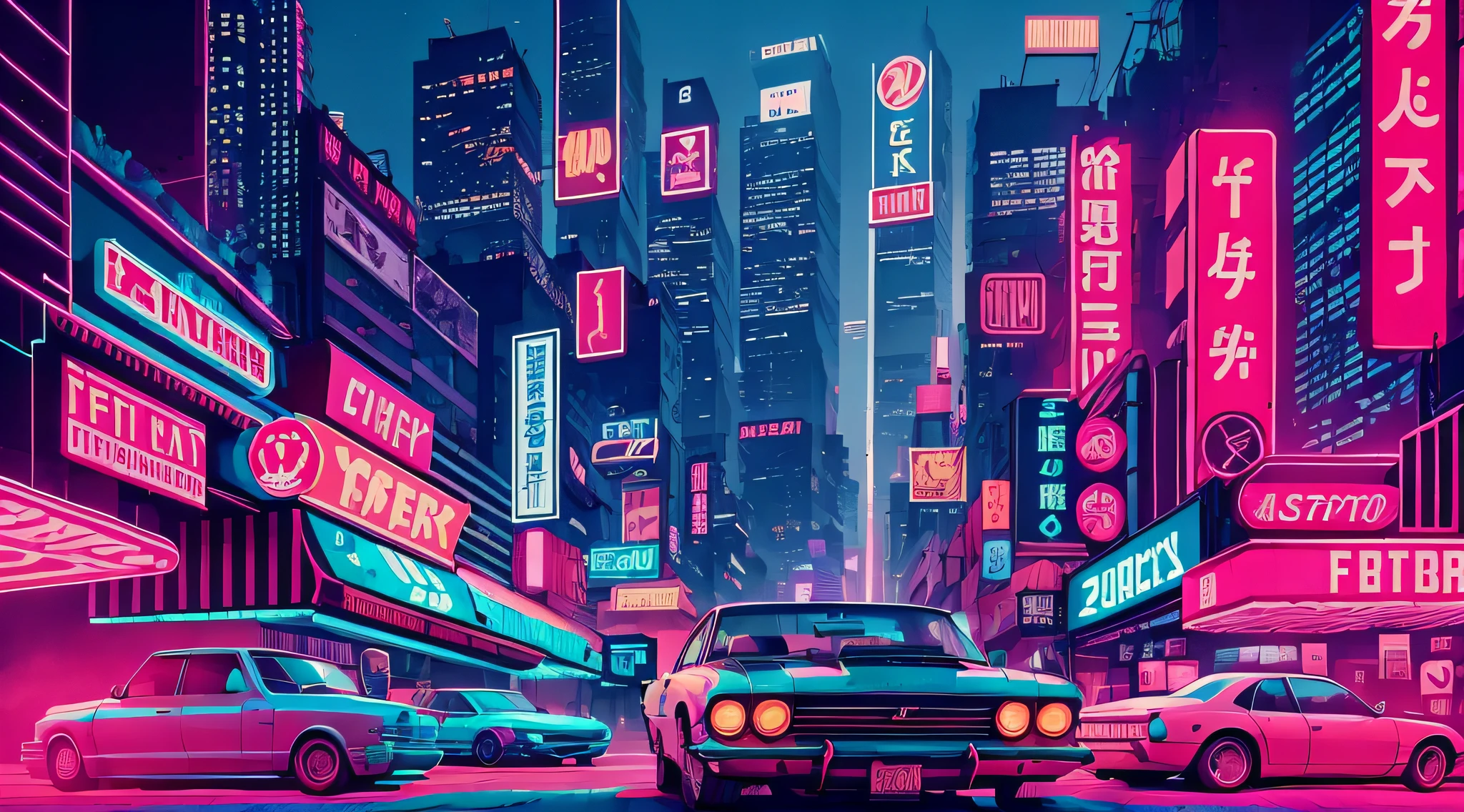 cena da rua da cidade de neon com carros e placas de neon ao fundo, estilo de arte cyberpunk, Cidade Synthwave, cyberpunk vibes, em cyberpunk city, Dan Mumford. 8K octane rendering, art deco outrun anime aesthestic, retro cyberpunk, rua noturna cyberpunk, futuristic cyberpunk tokyo night, Neon Cyberpunk City detalhado, Epic retrowave art, rua da cidade cyberpunk, neon city, vibe cyberpunk