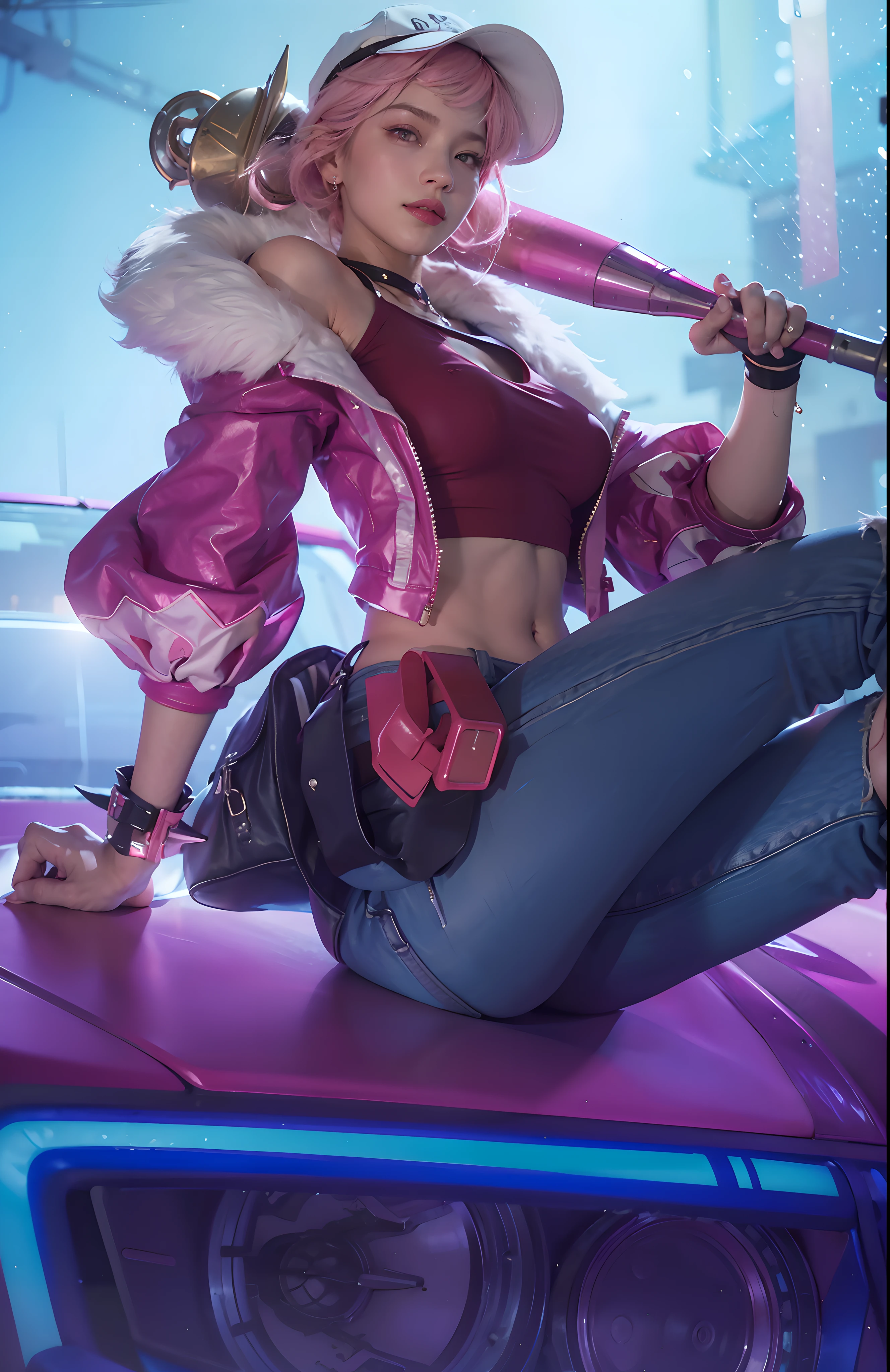 (female:1.2), 8k, ultra hd, ultra detailed texture, hyper realistic, masterpiece, detailed texture, detailed face, detailed skin, detailed lighting, (photorealistic:1.5), best quality, beautiful lighting, cinematic lighting, professional lighting, ultra highres, realistic, detailed hair, real hair, high quality, (realskin:1.5), extremely detailed, finely detail, ultra-detailed, 1girl, solo, sitting on top of the car, (pink eyes:1.5), v-shaped eyebrow, pink lips, parted lips, smile, white skin, nose, pretty, beautiful, make up, eyeshadow, cute face, short hair, pink hair, side bangs, large breasts, armpit, navel, stomach, thigh, bare shoulder, midriff, red crop top, pink jacket, open Jacket, fur trim, blue jeans, pink cap, holding baseball bat, bracelet thorns, fingerless gloves, crossed legs,  \(mobile legends\), depth of field, looking aways, skin tight, amazing pose, glowing, from below, blurry background, seductive pose