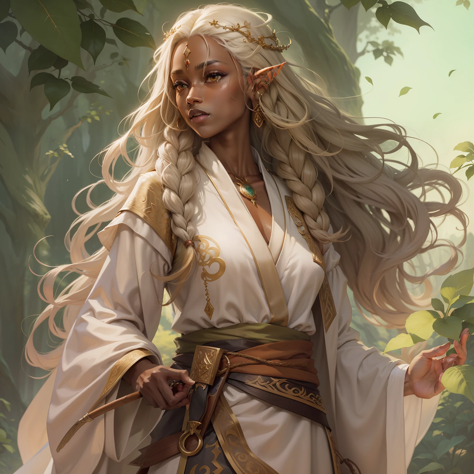 DND fantasy art,the elf,elf,with brown skin,with brown skin,with brown skin,wears a long robe,Wearing robes,femele,femele,long whitr hair,long whitr hair,blond hairbl,solo person,solo person,solo,Japanese anime style,without background,no background,Two-dimensional style