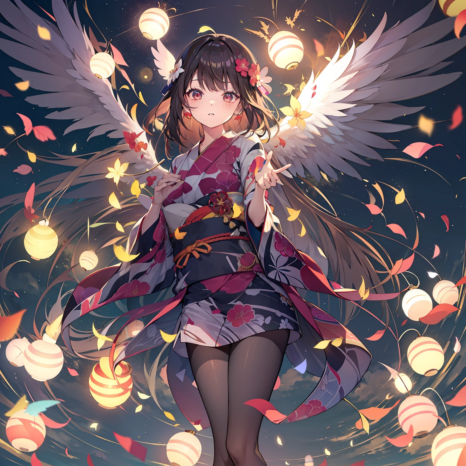 sparklers、Fulll body Shot、the setting sun、((Summer Festivals))、Wearing yukata、food stand、big crowd、(paper lanterns)、(((Shine one very large wing)))、Eye of Desire、hiquality、high-level image quality、Particles of light floating in the sky、ultra-detailliert, Beautifully Aesthetic, masterpiece, top-quality, vivd colour, wings are symmetrical