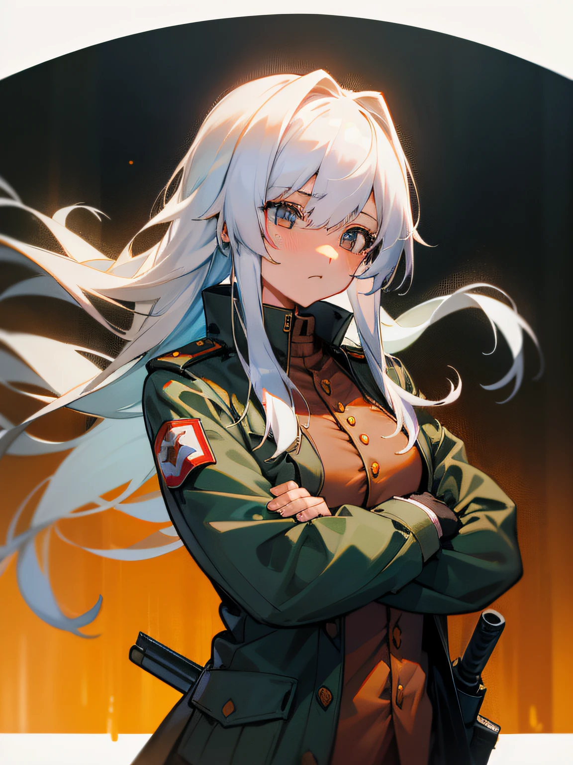 1girll，binh，Bulletproof jacket，Long leather boots，long whitr hair，White hair， mitts， guns， military， rifles， 独奏， upper_body，solo person，full bodyesbian，without background， Weapons look at the audience，tmasterpiece，Best quality at best，