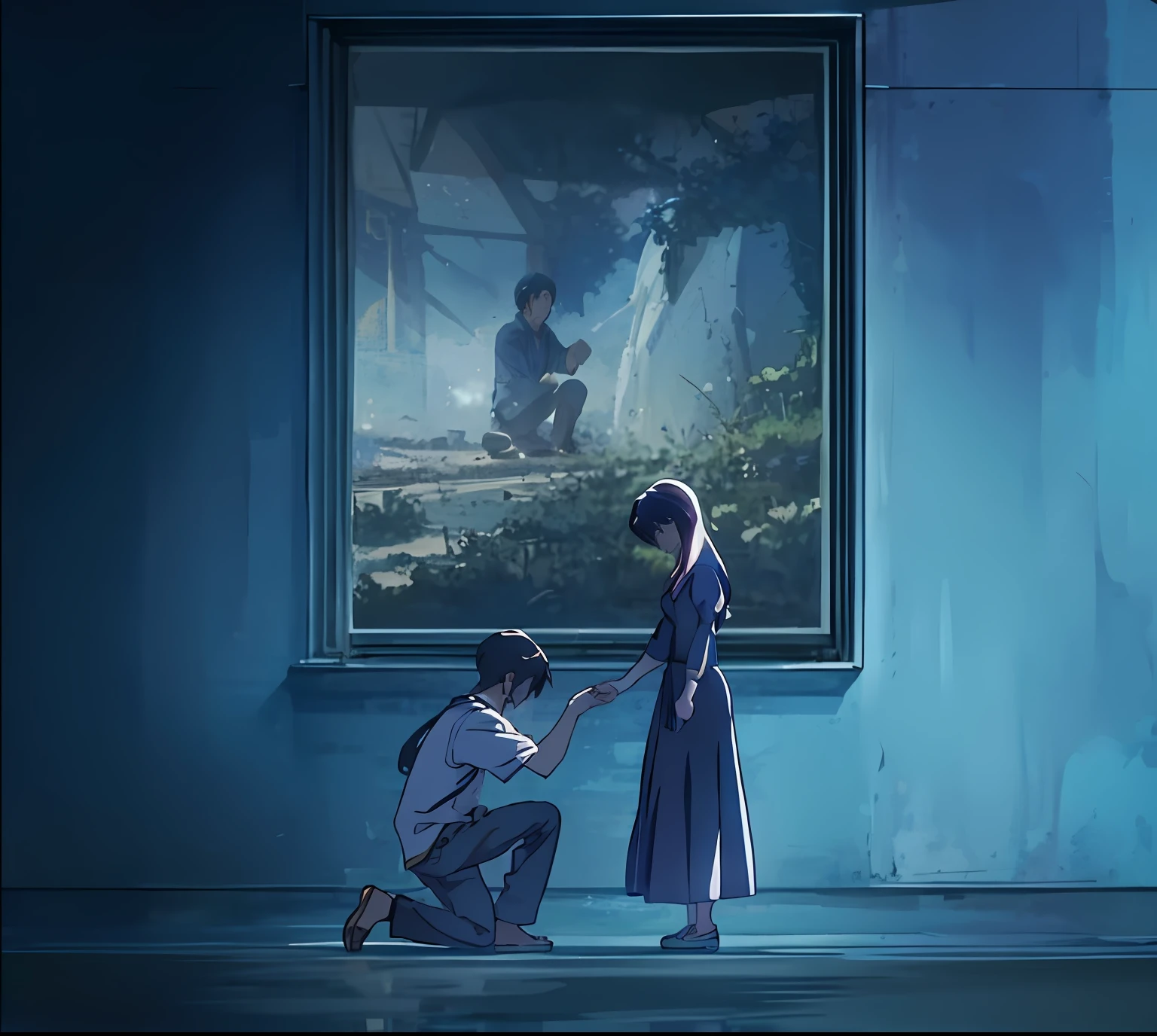 anime scene of a man kneeling down to a woman who is kneeling down, anime movie frame, animated film still, anime film still, screenshot from the anime film, animation film still, in the anime film, in a anime masterpiece, anime movie scene, disney 2d animation still, emotional concept art, ( ( makoto shinkai ) ), key frame