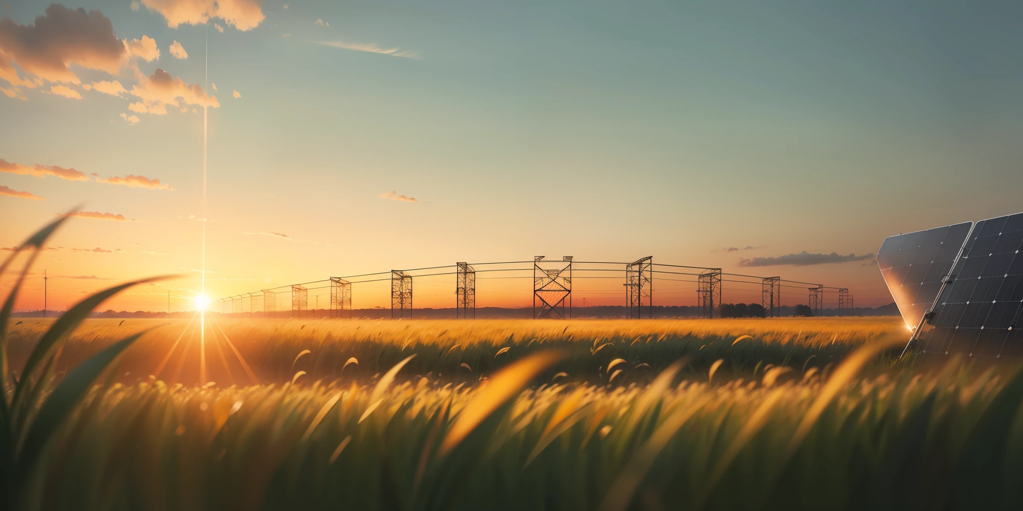 Bright sunrise behind a solar panel structure over a field of green grass 4K - --auto --s2