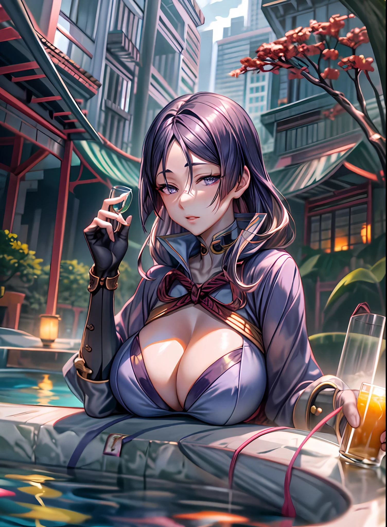 anime girl with big breast sitting in a pool with a glass of orange juice, artwork in the style of guweiz, extremely detailed artgerm, guweiz, by Yang J, ruan jia and artgerm, guweiz on artstation pixiv, guweiz on pixiv artstation, fanart best artstation, detailed digital anime art, minamoto raikou