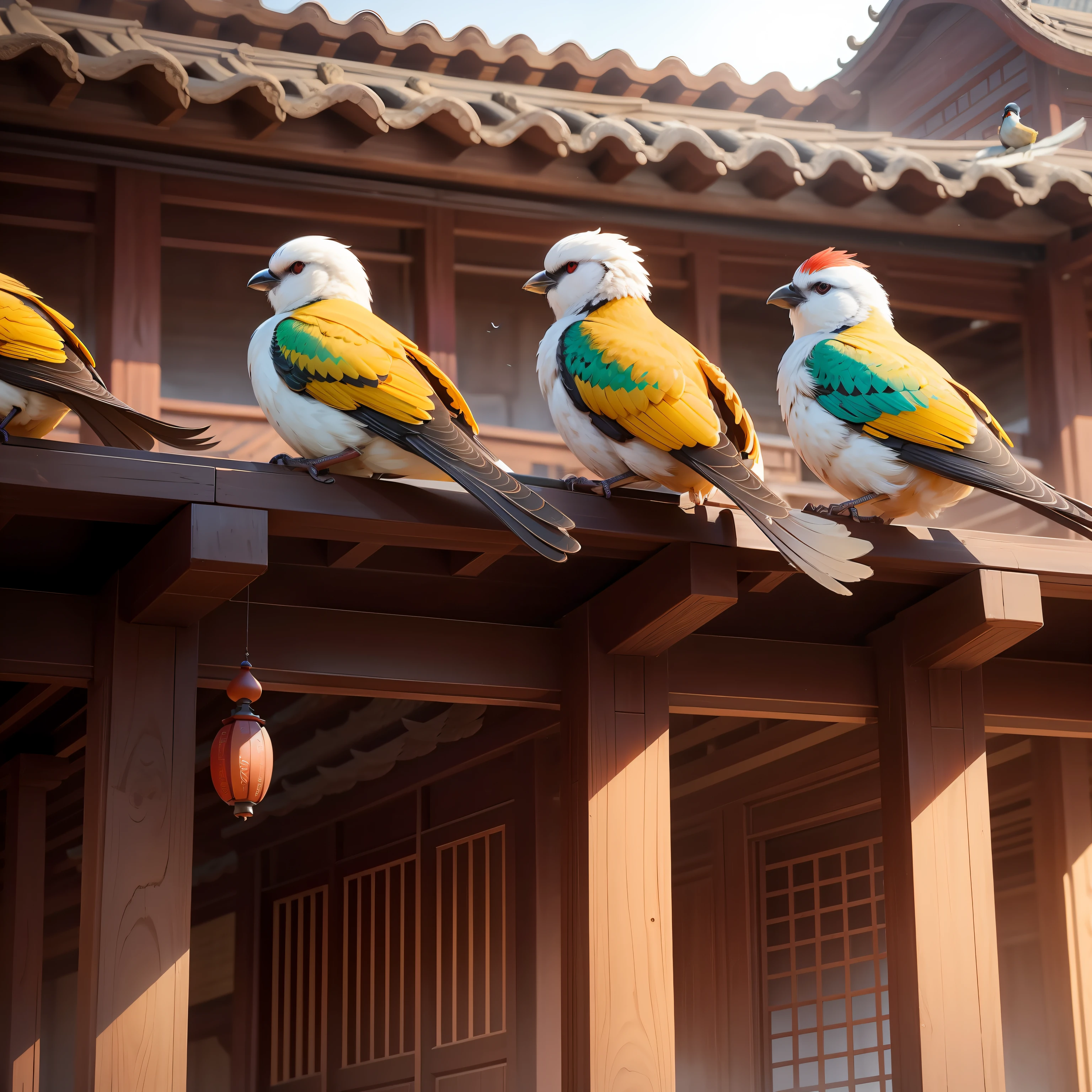 4 beautiful birds resting above the eaves,photorealestic,4k,The background is characteristic of Jincheng, Shanxi Province, China,4 birds
