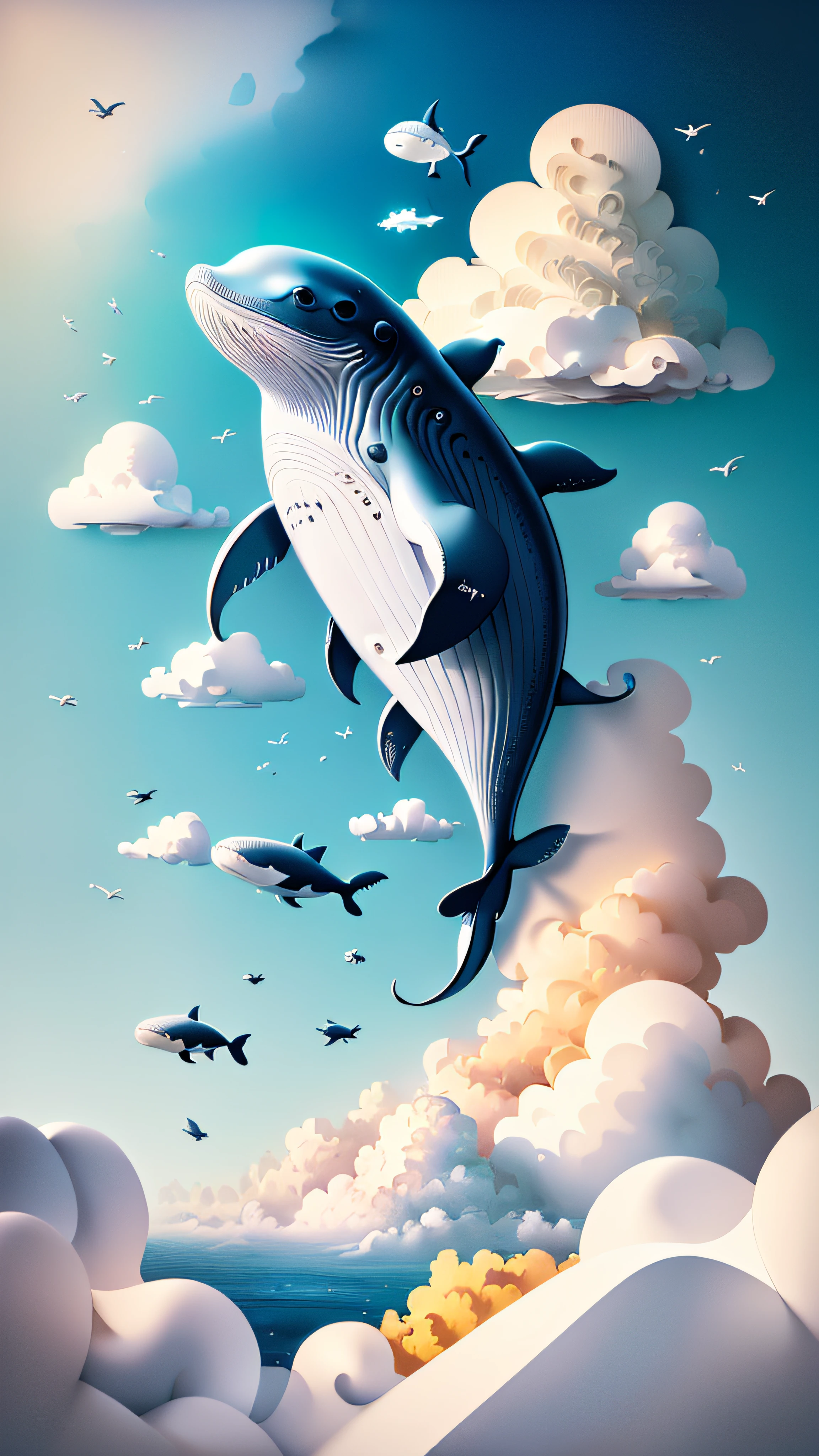 realistic, (best quality, masterpiece:1.3),illustration,whale , floating in the clouds, cloudy sky, paper_cut,