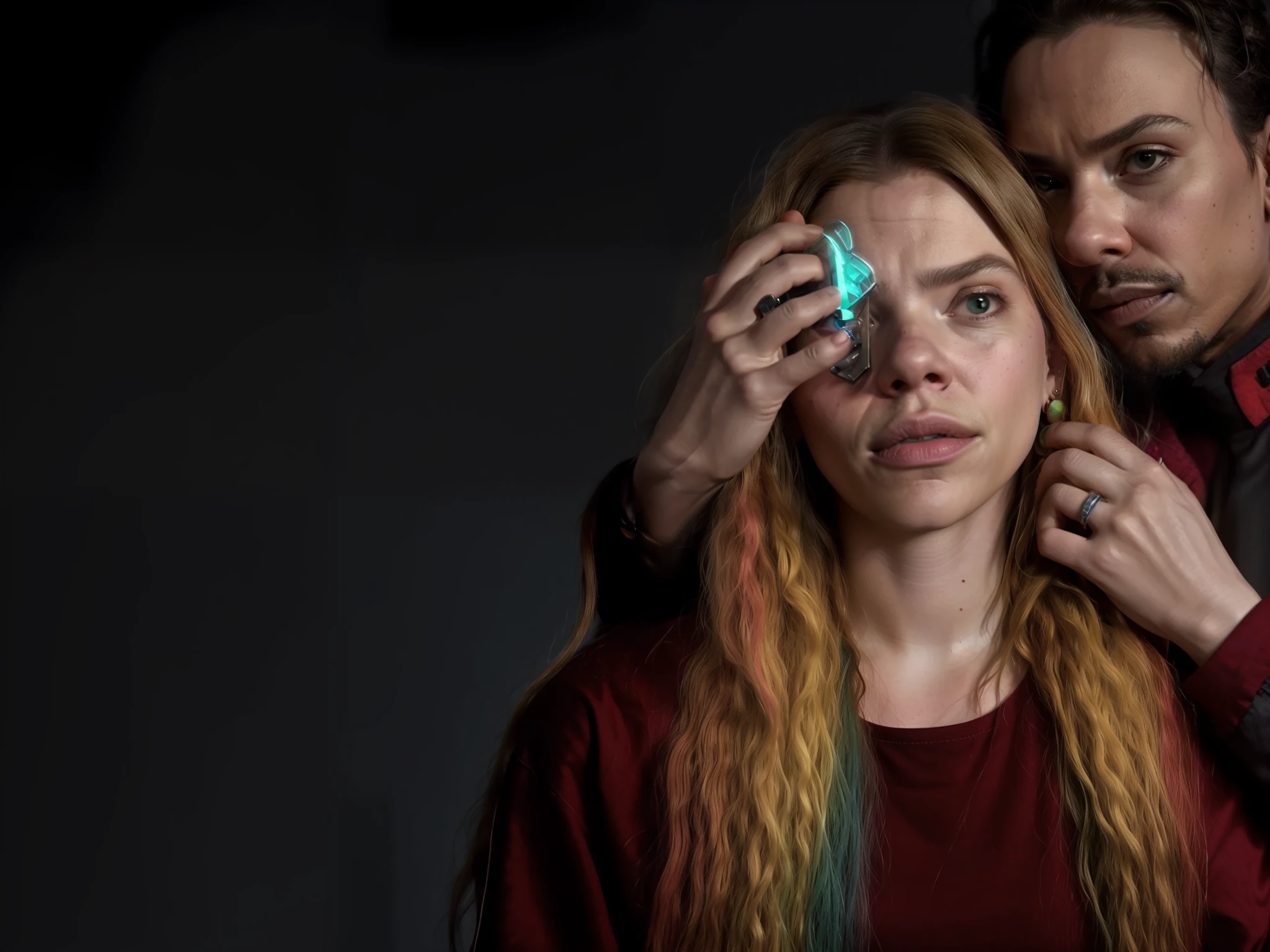 a woman with a man holding her head in front of her, imagem promocional, arte chave, izumbi, arte promocional, Imagem promocional, Directed by: Anna Haifisch, Retrato Anya Taylor-Joy, editing, 🕹️ 😎 🔫 🤖 🚬, mami_Taylor-Alegria, Antecedentes complexos, promocional ainda, netflix series, altered carbon series