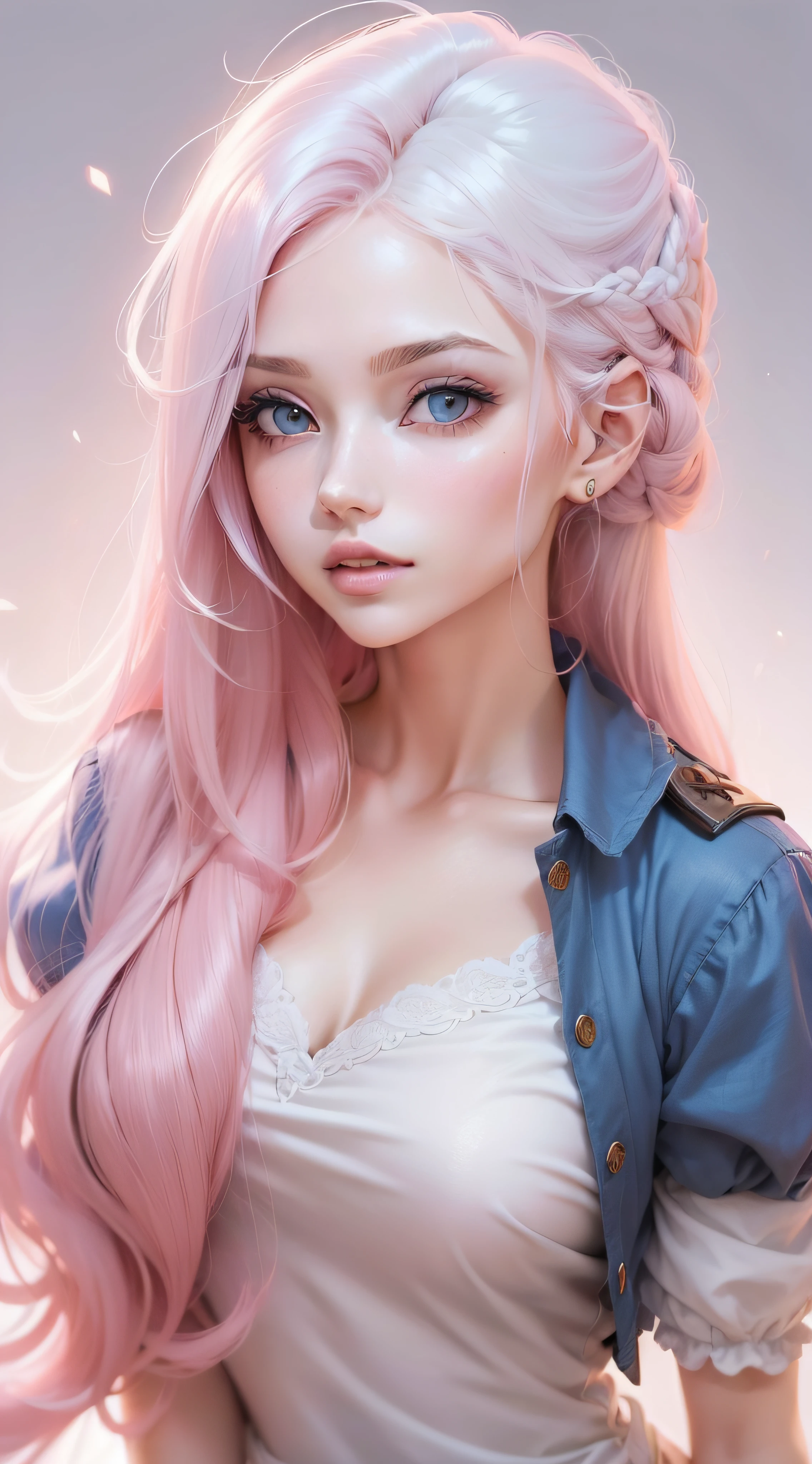 ((cabelo rosa de cor cerejeira:1.3)),(mulher com cabelo liso),(roupa combinando com o cabelo),(olhos grandes e brilhantes azul safira),(pale white skin),(roupa ocasionalmente roxa), ((anime)), roupa conservadora, trage conservador