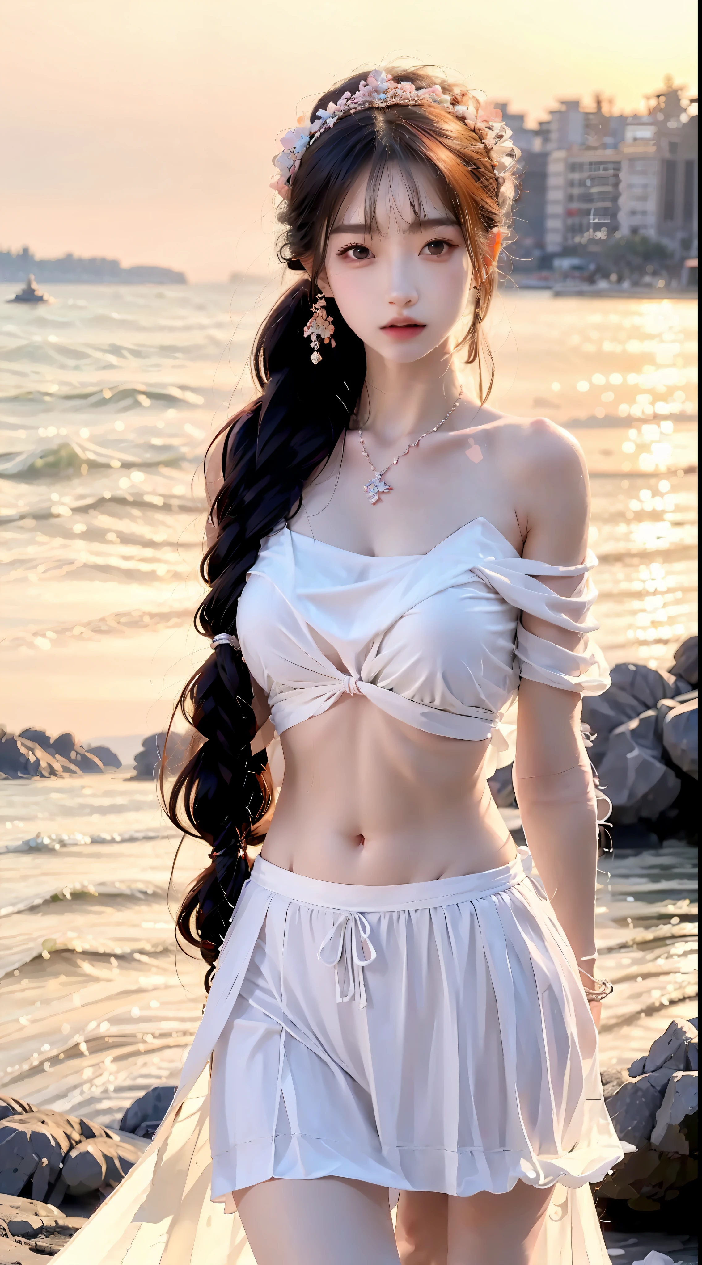 tmasterpiece,best qualtiy,(realisticlying,photo-realistic:1.37),8K, yes,an extremely delicate and beautiful,astounding,finedetail,offcial art,absurderes,Incredibly Ridiculous res,hugefilesize,ultra - detailed,extremely detaile,Beautiful Meticulous Girl,1girll,(perfect female shape),full bodyesbian,middle breasts,beachside,sandbeach,facing at camera,with hands behind her back,Long hair,Qi bangs,Twist braids,dual horsetail,Light pink white crop top JK skirt,brunette color hair,Plump breasts,The clothes were soaked with water,Snow-white skin,best qualtiy,8K,high detal,tmasterpiece,Need,full bodyesbian,Slender slender legs,The barefoot,Cover your breasts
