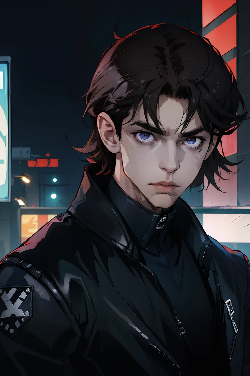 (absurdes, ah high, ultra detialed), ciberpunk, 1 male, 独奏, youth, Young guy, tall muscular guy, wide shoulders, beutiful, dark colored hair, Short Hair Hair, dark grey eyes, forehead, angular jaw, thick neck, ciberpunk, Neon lights in the background, upper-body, The entire upper body is visible, leather jacket, teenaged, gaze at the viewer,