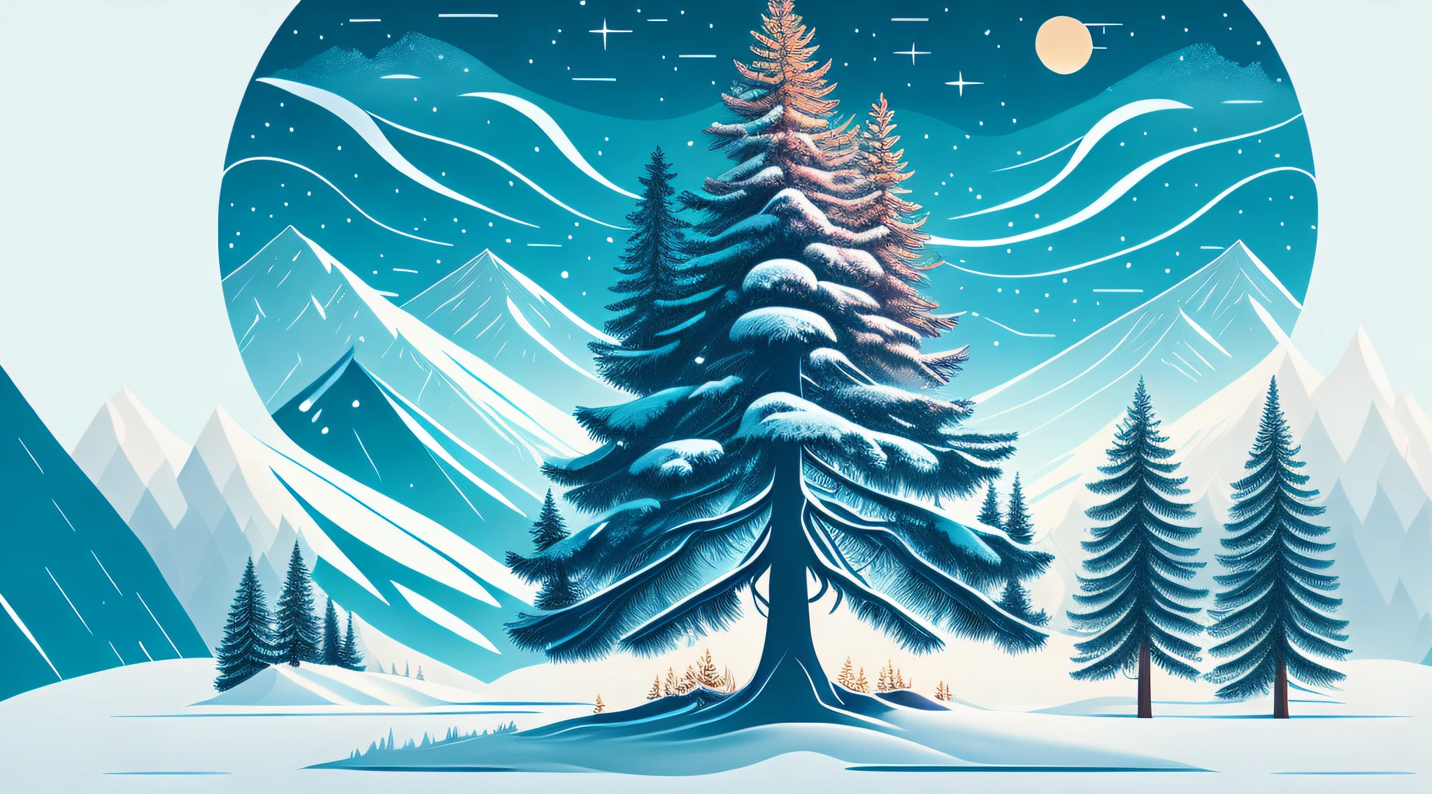 melhor qualidade, A majestic spruce tree in a stunning winter landscape, Detailed T-shirt design with amazing vector art, estilo rzminjourney.