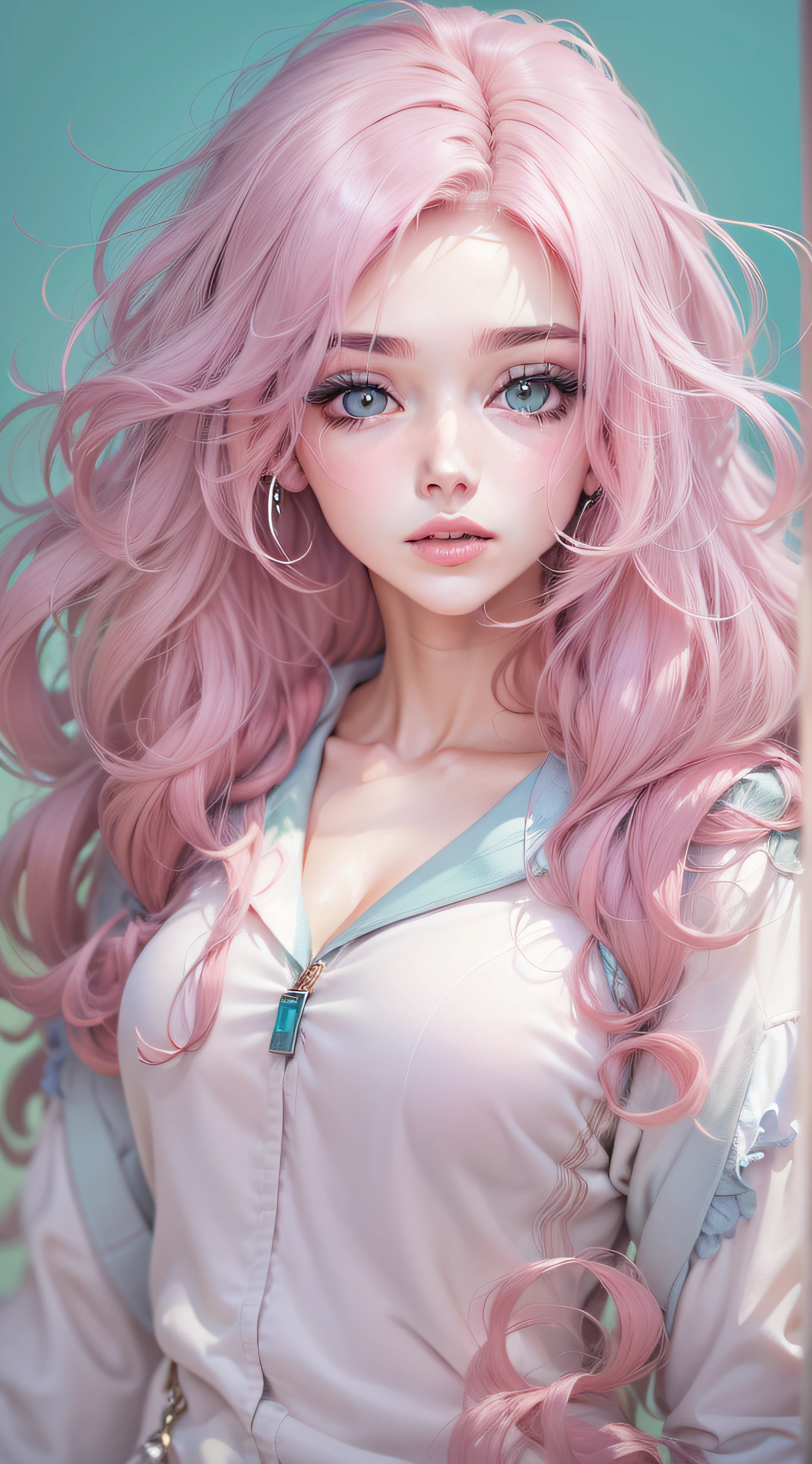 ((cabelo rosa de cor cerejeira:1.3)),(mulher com cabelo liso),(roupa combinando com o cabelo),(olhos grandes e brilhantes azul safira),(pale white skin),(roupa ocasionalmente roxa), ((anime)), roupa conservadora, trage conservador