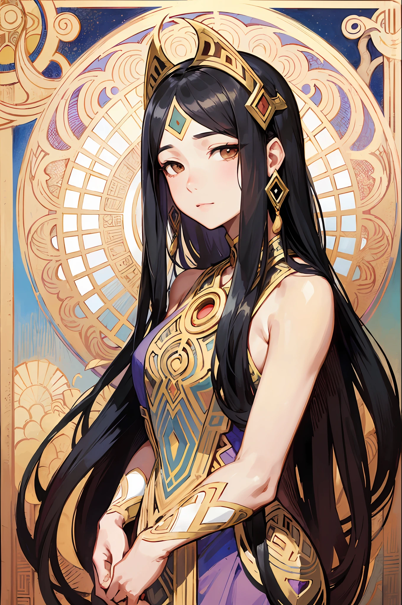 Face portrait of a Balinese woman、Long straight hair、A dark-haired、Reptile frame、Decorative panel、abstract art、By Alphonse Mucha (masterpiece、top-quality、hight resolution: 1.4)、detaileds、intricate-detail、4K、color splashes、line-drawing、Fibonacci、