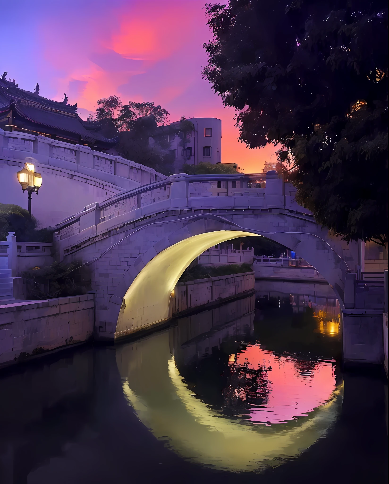 arafed bridge over a river with a light on it, by Patrick Ching, by Shen Che-Tsai, mesmerizing, golden hour in beijing, curved bridge, canals, early evening, canal, beautiful and aesthetic, in the evening, beautiful aesthetic, late evening, vibrant aesthetic, by Victor Wang, ( visually stunning, hdr photography, by Gang Hui-an