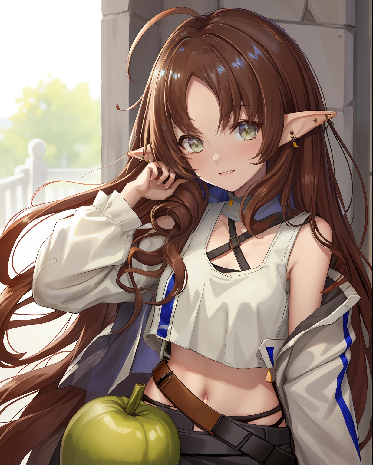 {{{{Arknights,Myrtle}}}},Elf Ears,masterpiece, best quality, masterpiece,best quality,official art,extremely detailed CG unity 8k wallpaper, girl, solo, li, liirl, loli, medium hair, hair over shoulder, brown hair, {red hair}, [light brown hair], ahoge, bob cut, crossed bangs, disheveled hair, parted bangs, long bangs, cute face, pointy ears, green eyes, small breasts, bare_shoulders, crop top, sleeveless shirt, detached_sleeves, swimsuit,