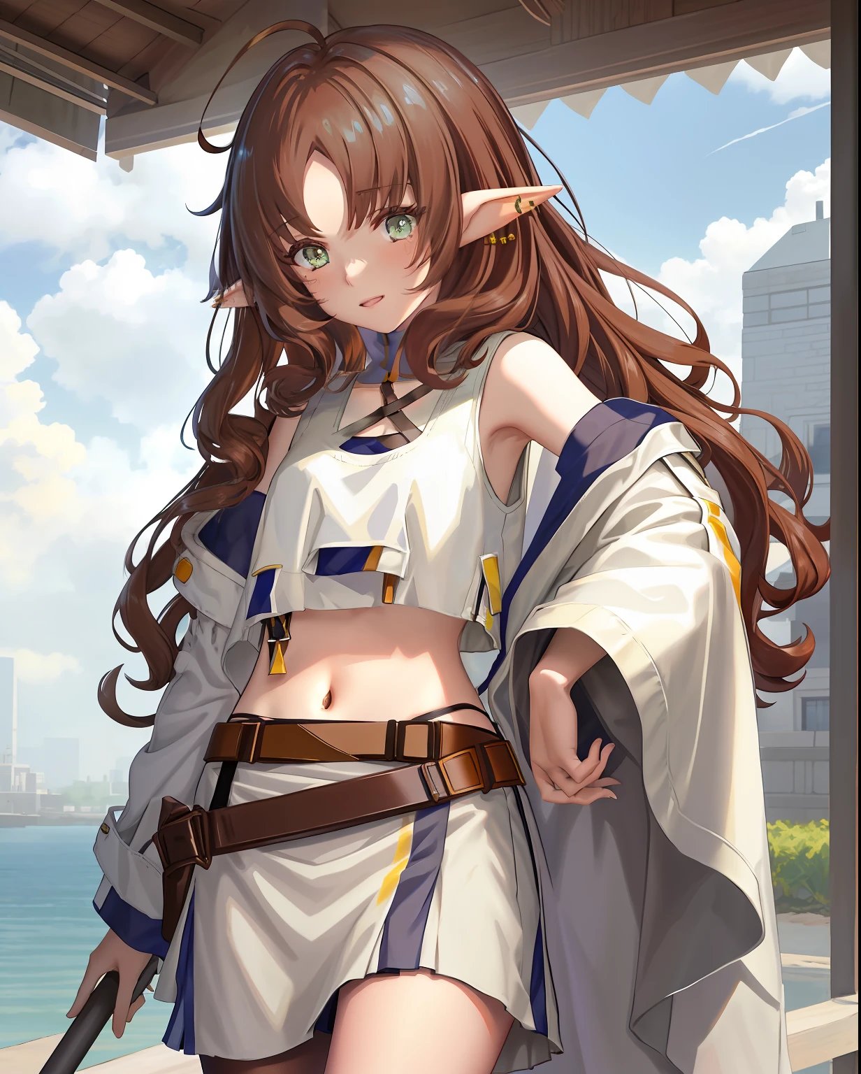 {{{{Arknights,Myrtle}}}},Elf Ears,masterpiece, best quality, masterpiece,best quality,official art,extremely detailed CG unity 8k wallpaper, girl, solo, li, liirl, loli, medium hair, hair over shoulder, brown hair, {red hair}, [light brown hair], ahoge, bob cut, crossed bangs, disheveled hair, parted bangs, long bangs, cute face, pointy ears, green eyes, small breasts, bare_shoulders, crop top, sleeveless shirt, detached_sleeves, swimsuit,