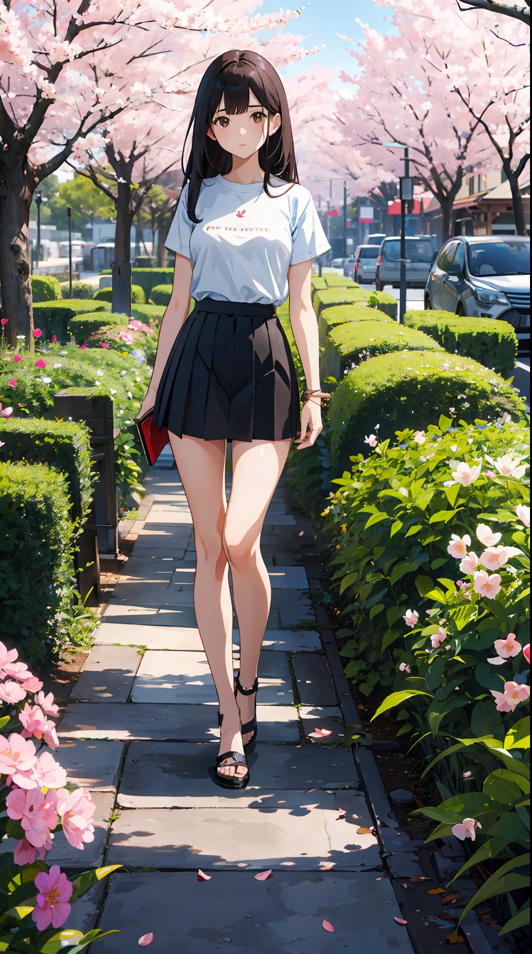 ultra clear, masterpiece, 1girl, shapely, long hair, brown eyes, full body shot, black skirt, blue t-shirt, dark brown hair, holding smartphone, garden, cherry blossoms, raytracing, bloom, sunbeam,