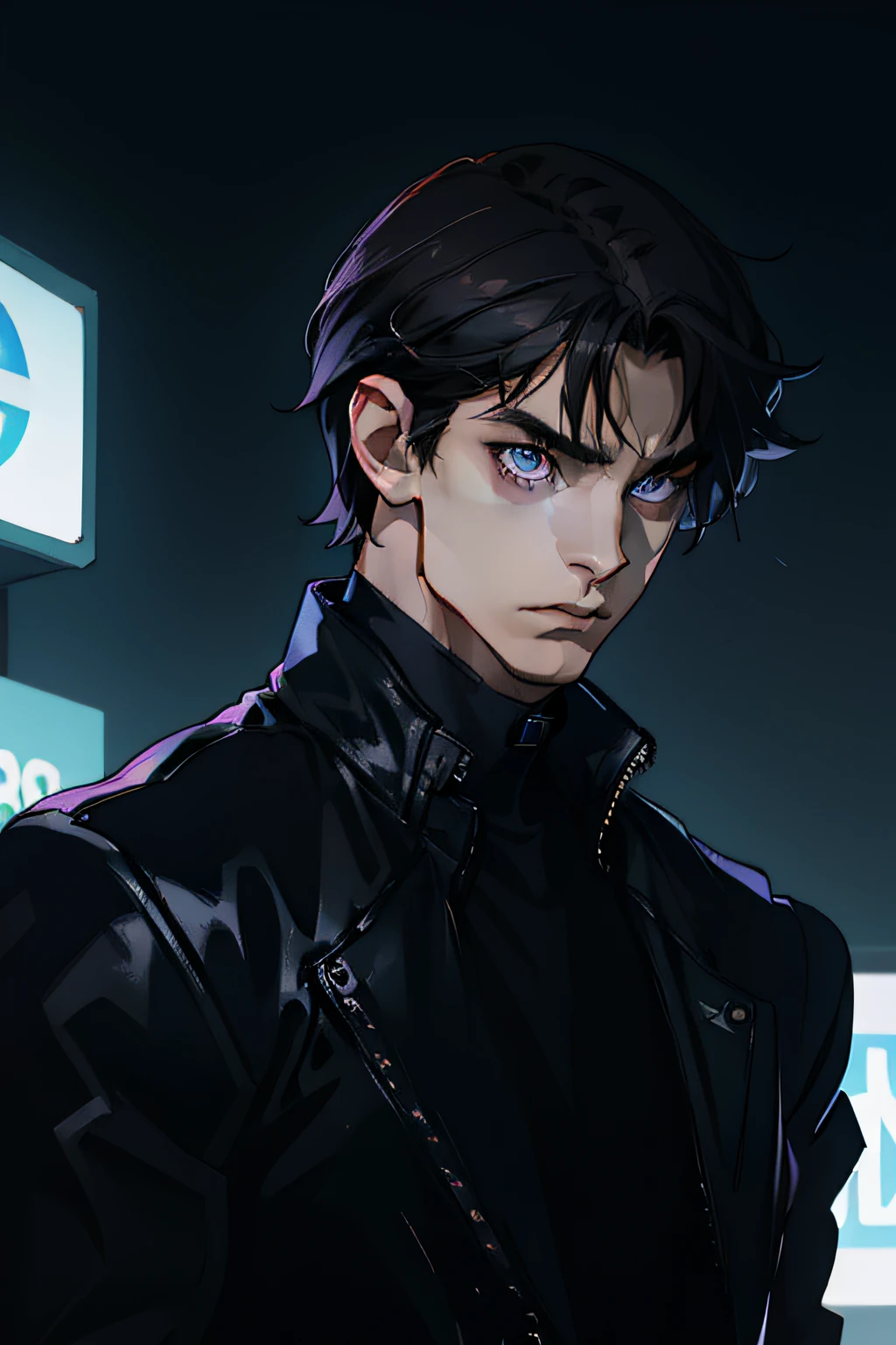 (absurdes, ah high, ultra detialed), ciberpunk, 1 male, 独奏, youth, dark colored hair, Short Hair Hair, dark grey eyes, Young guy, tall muscular guy, wide shoulders, beutiful, forehead, angular jaw, thick neck, ciberpunk, Neon lights in the background, upper-body, The entire upper body is visible, leather jacket, teenaged, gaze at the viewer,