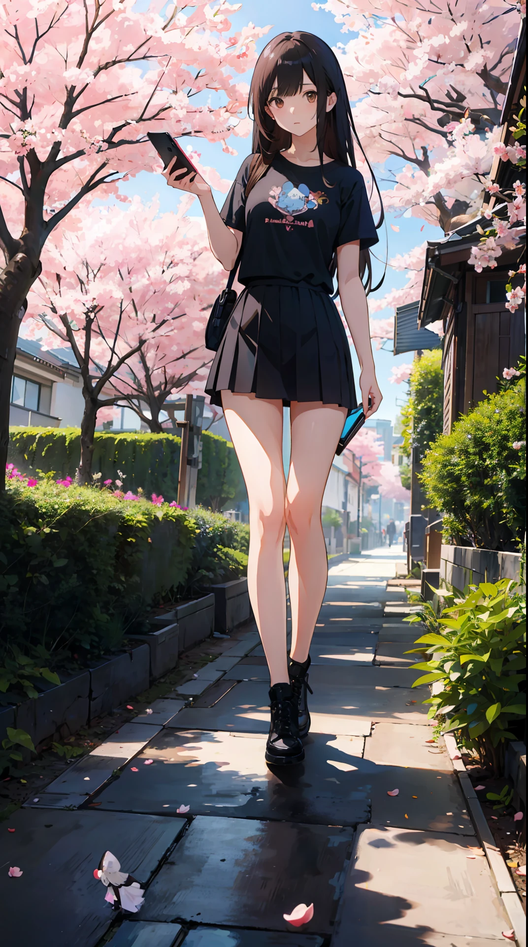 ultra clear, masterpiece, 1girl, shapely, long hair, brown eyes, full body shot, black skirt, blue t-shirt, dark brown hair, holding smartphone, garden, cherry blossoms, raytracing, bloom, sunbeam,