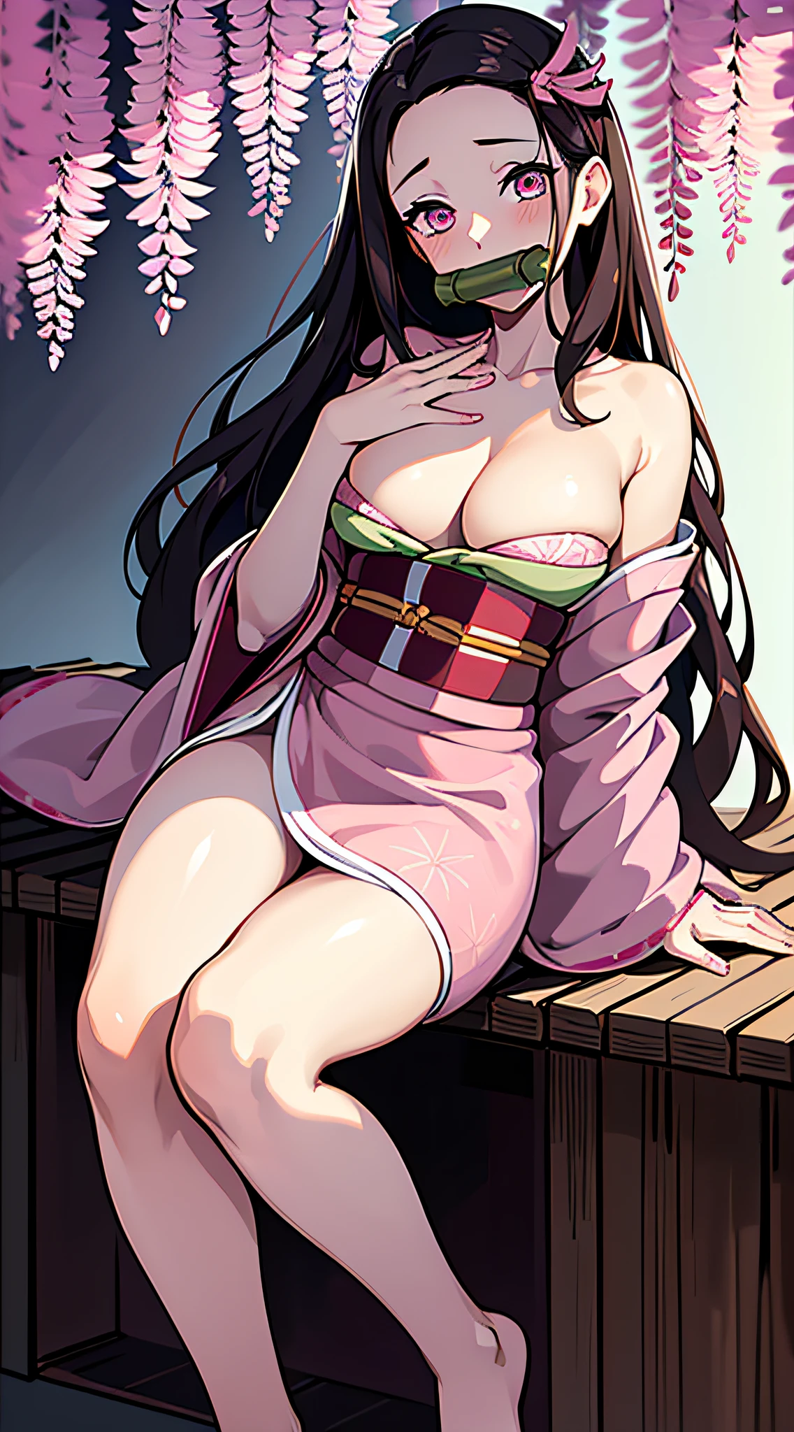 ​masterpiece, (Pink kimono), seductived faced, good lighting, decolletage, finely detail, ​masterpiece, radiant eyes, 1girl in, A dark-haired, gag, Bamboo, Bamboo, Nezuko Takedo, wisteria background, ​masterpiece, top-quality,, full body Esbian, Wide waist,A sexy、Detailed hands and fingers