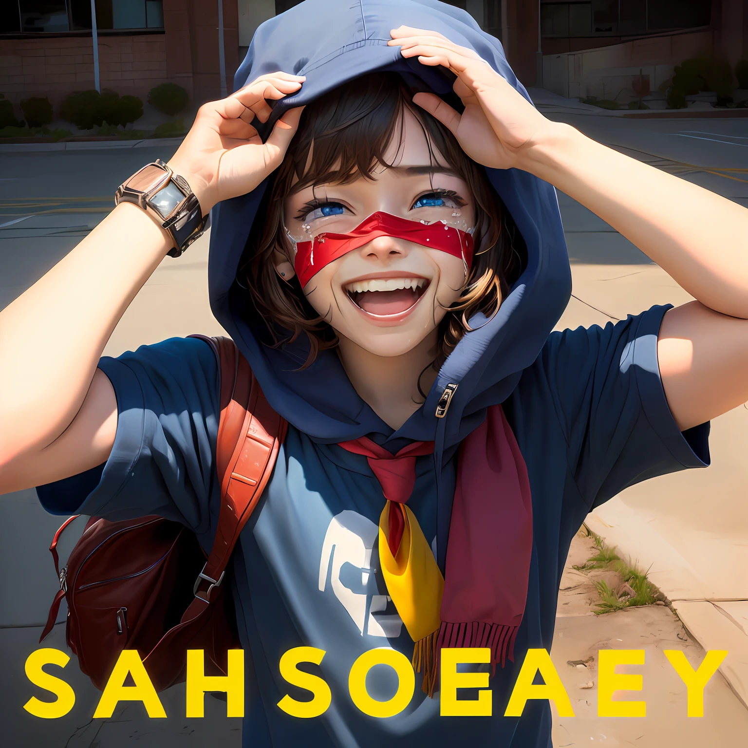 schoolboy,grieves,Laughter with tears,Highest image quality,realisticlying,Cover your face