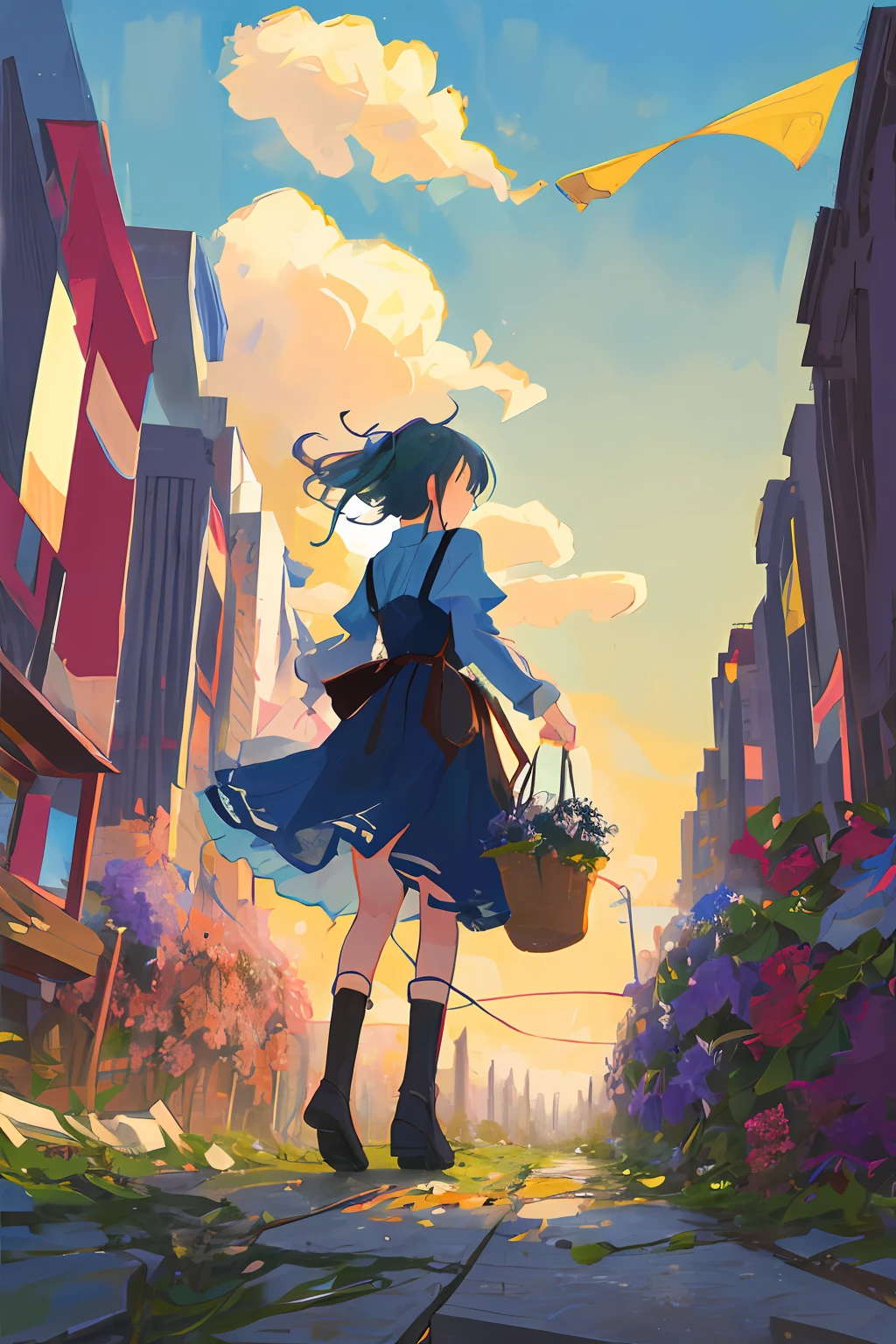 A girl fleeing from a broken city holds clematis flowers